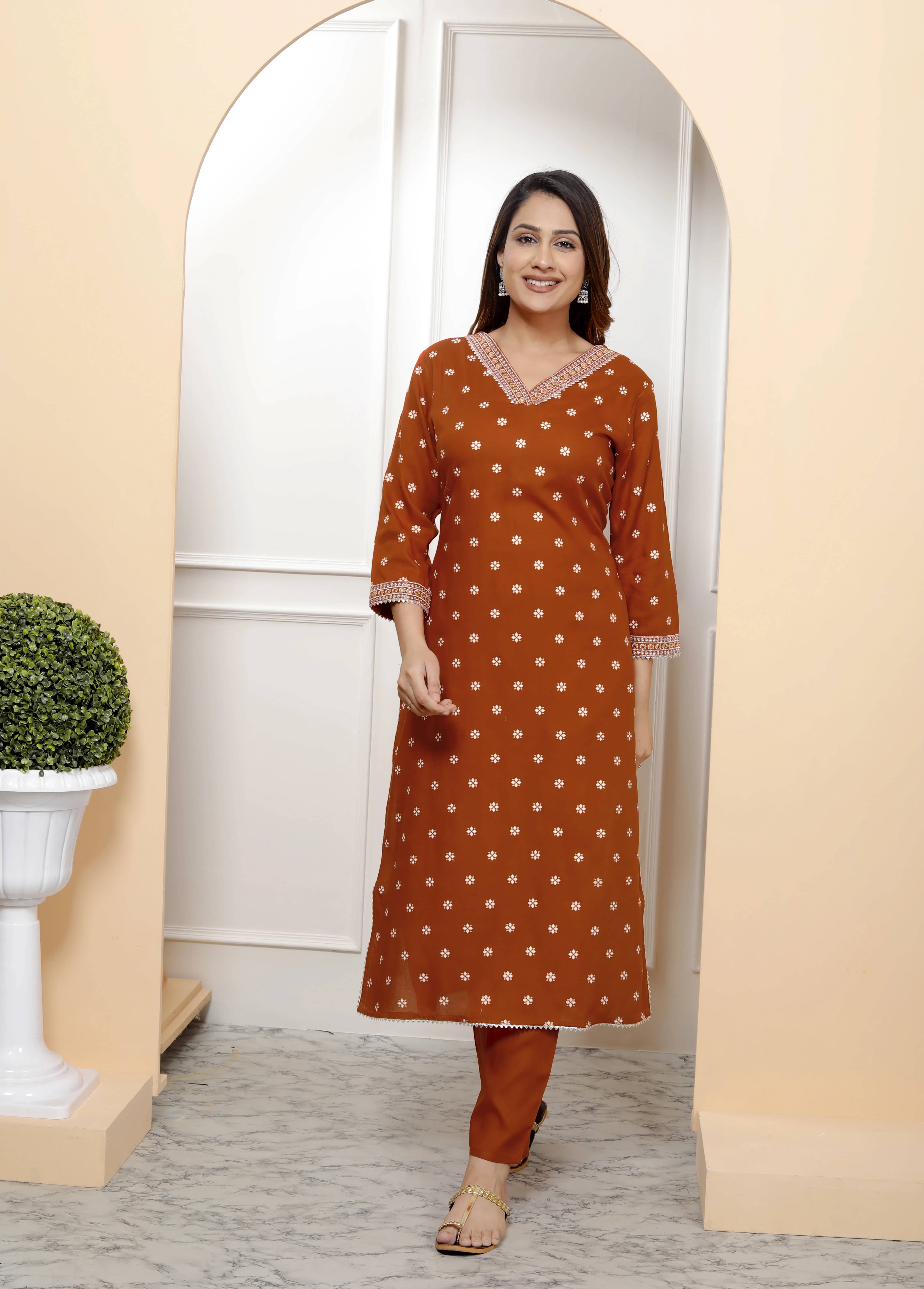     			VESHVITI Women Rayon Embroidered A-line Kurti With Pants ( Orange )