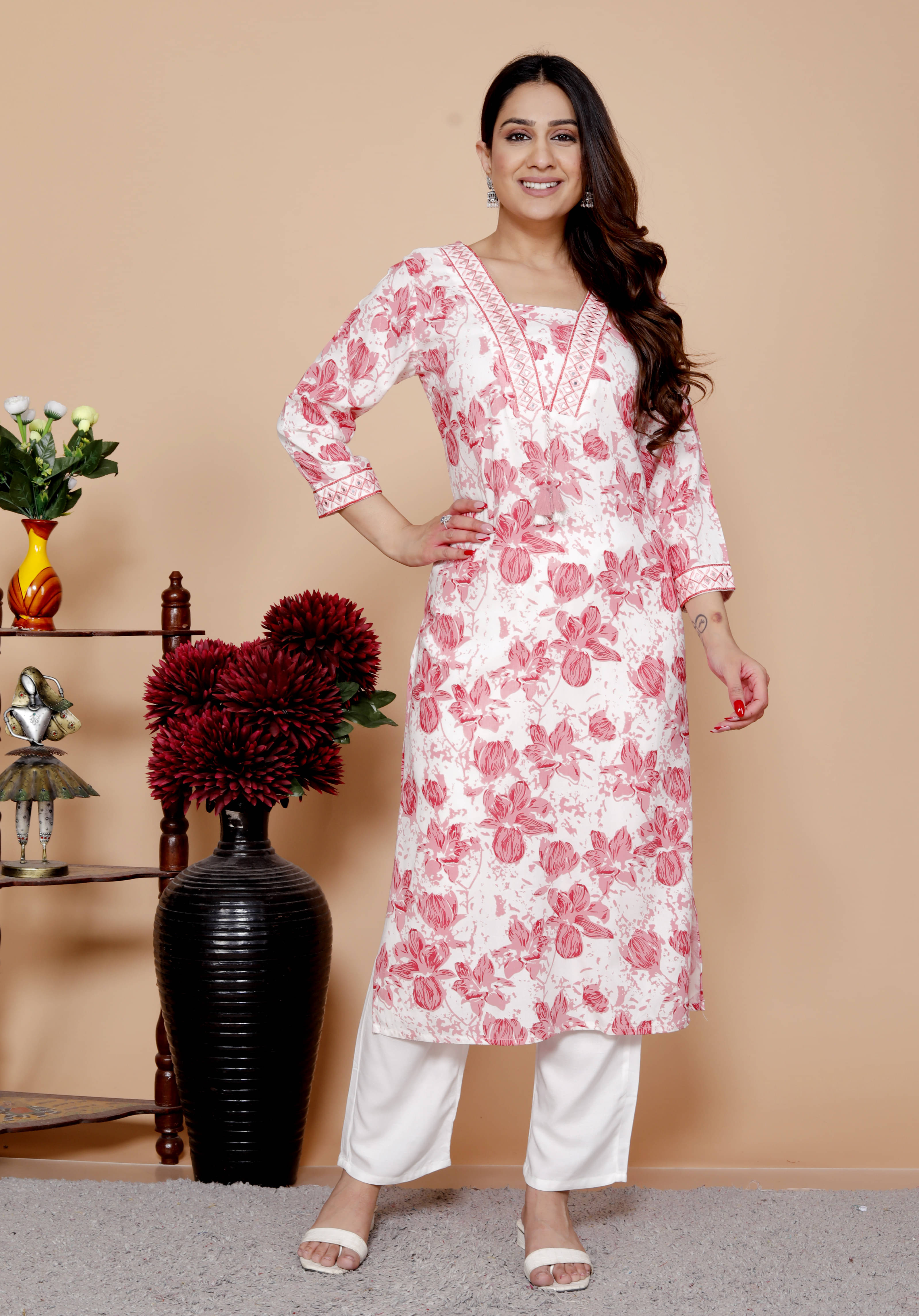 VESHVITI Women Rayon Printed A-line Kurti With Pants ( Pink ) VESHVITI Women Rayon Printed A-line Kurti With Pants ( Pink )