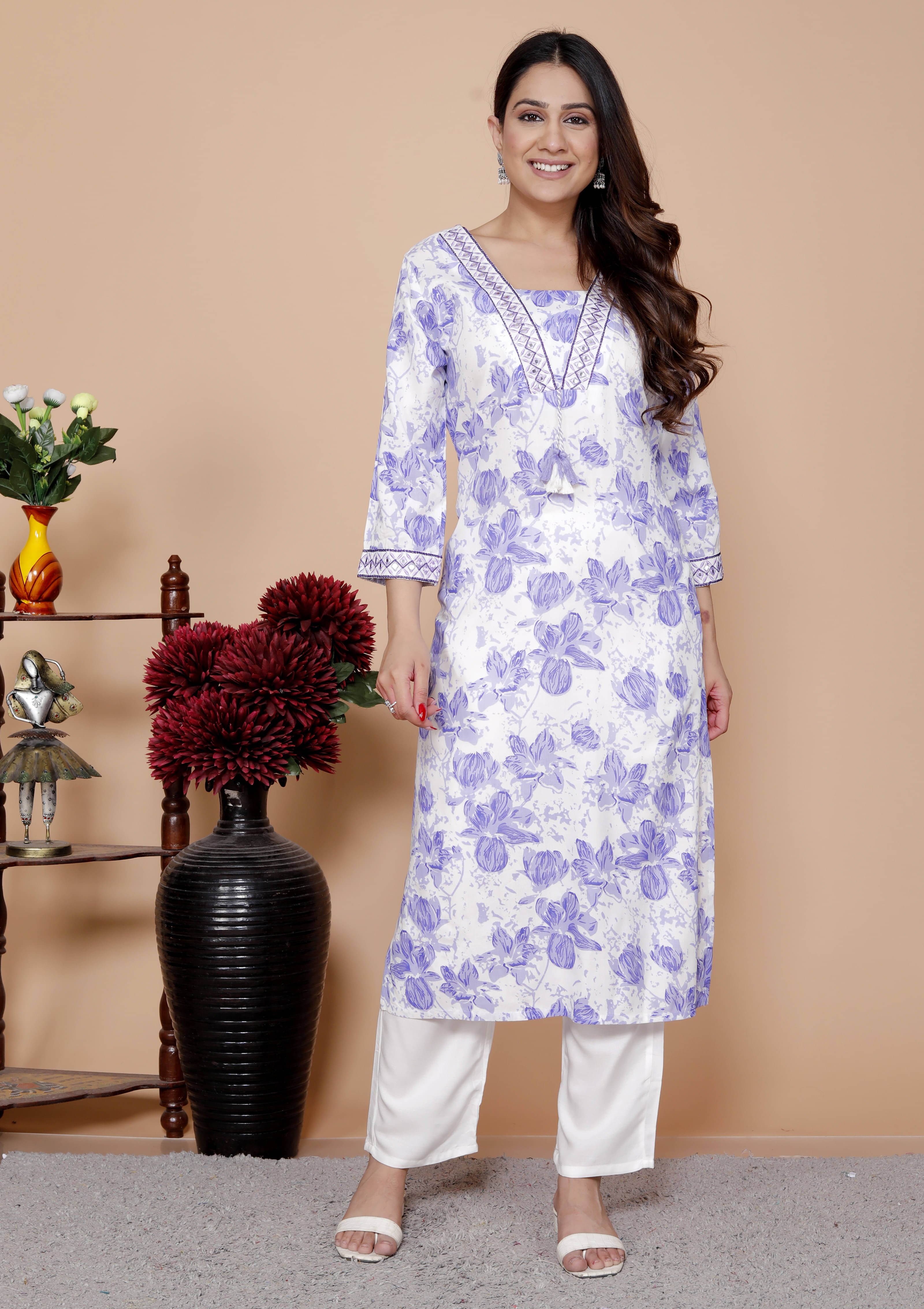     			VESHVITI Women Rayon Printed A-line Kurti With Pants ( Purple )