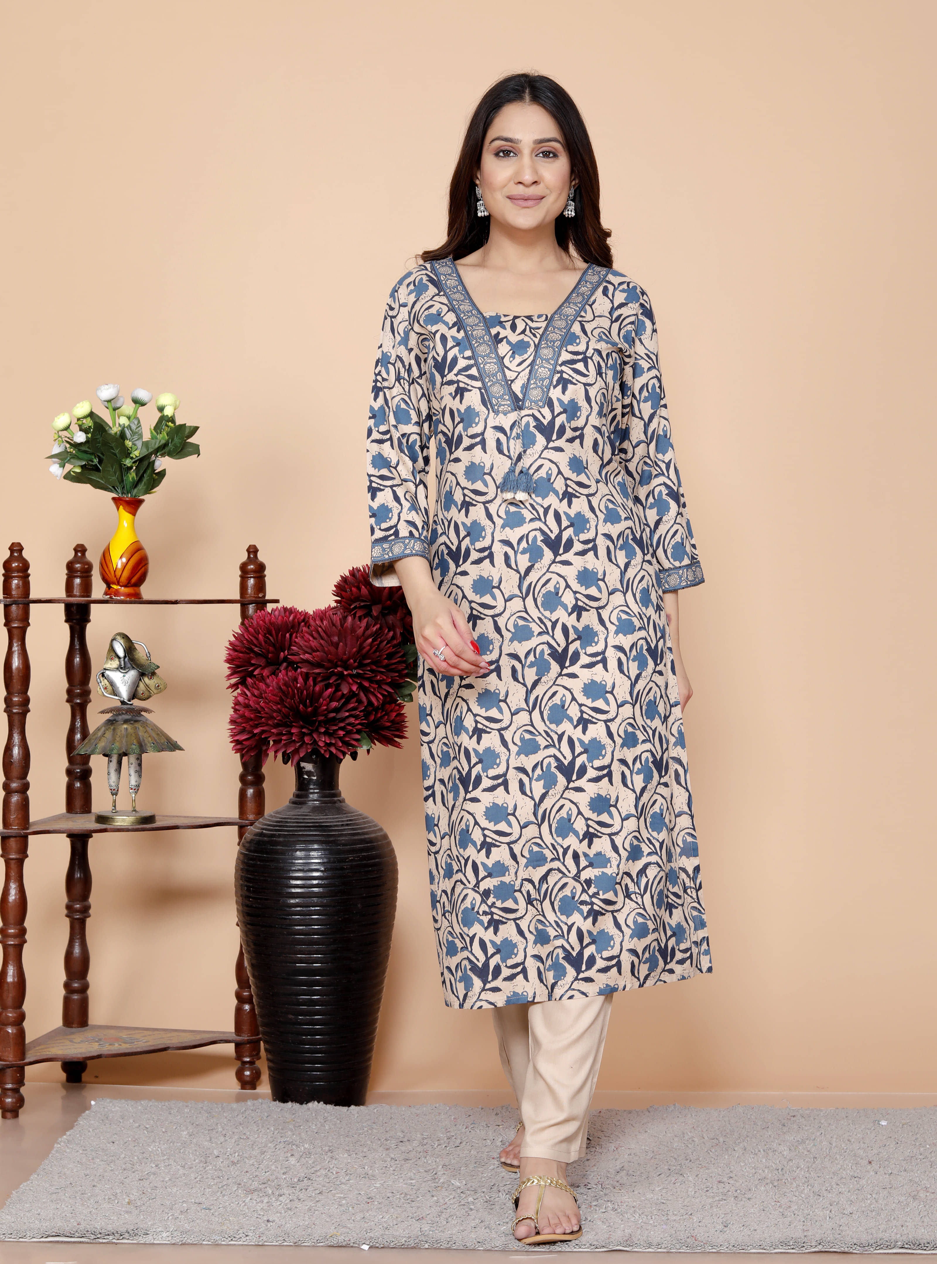 VESHVITI Women Rayon Printed A-line Kurti With Pants ( Blue ) VESHVITI Women Rayon Printed A-line Kurti With Pants ( Blue )