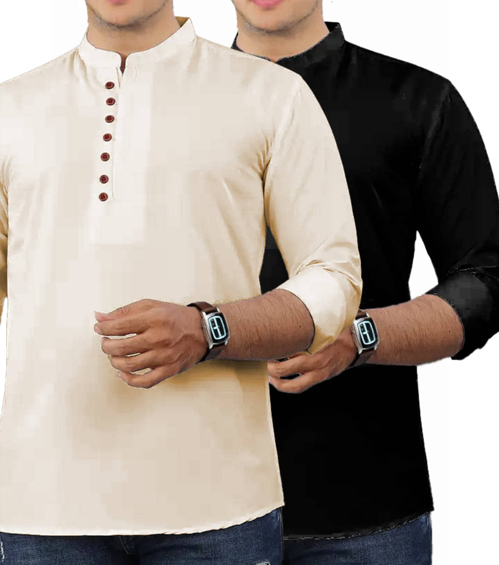 VIMASUTI Beige Cotton Men's Shirt Style Kurta ( Pack of 2 ) VIMASUTI Beige Cotton Men's Shirt Style Kurta ( Pack of 2 )