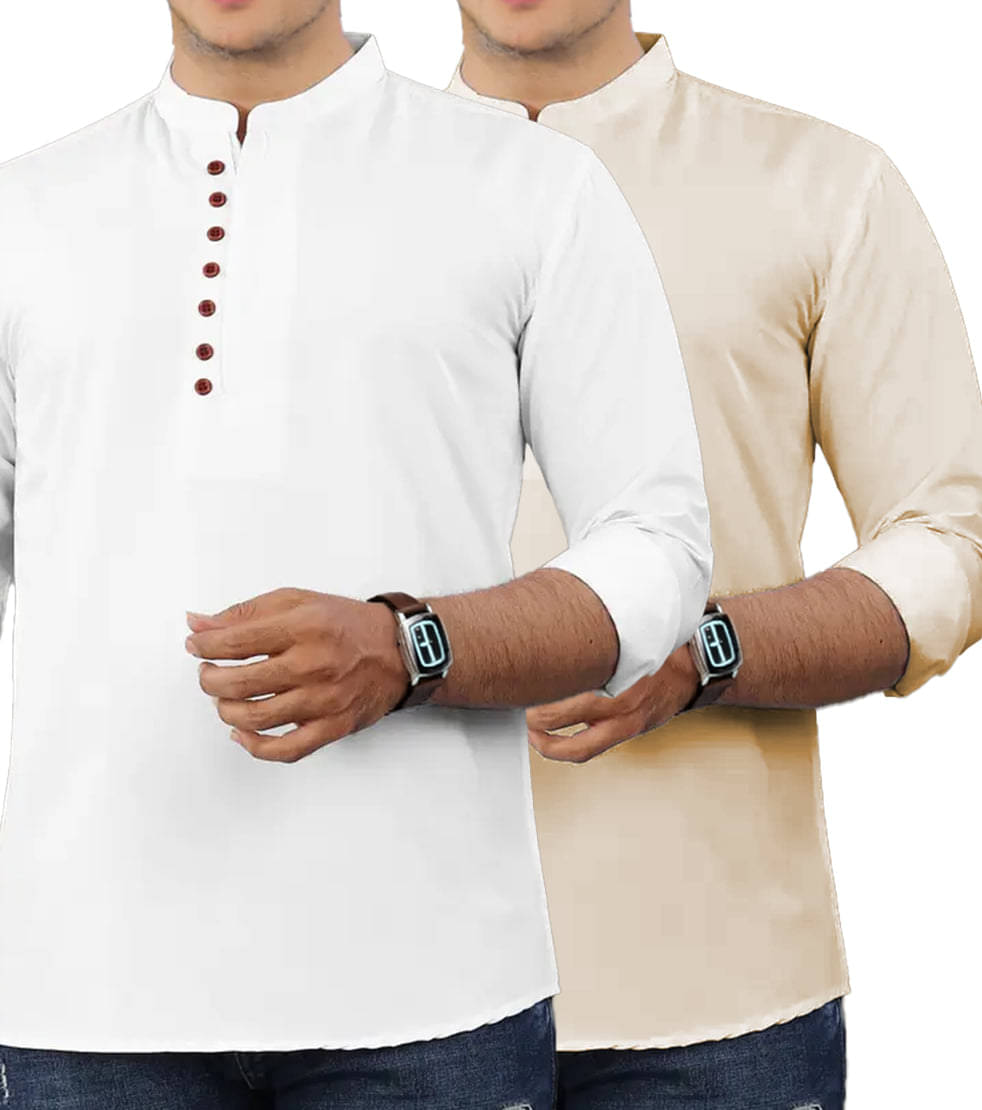VIMASUTI Beige Cotton Men's Shirt Style Kurta ( Pack of 2 ) VIMASUTI Beige Cotton Men's Shirt Style Kurta ( Pack of 2 )