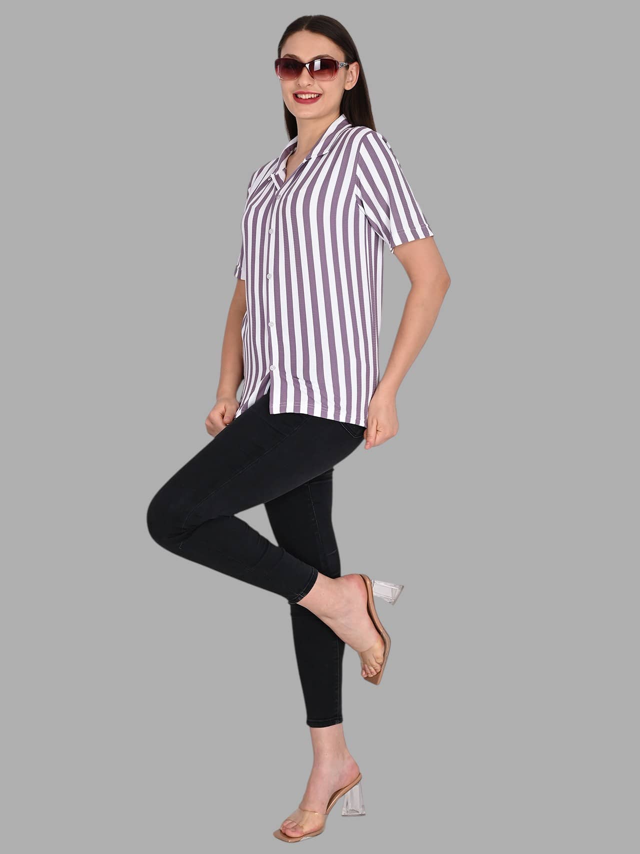 wanquila Women Striped Cotton Shirt ( Purple )