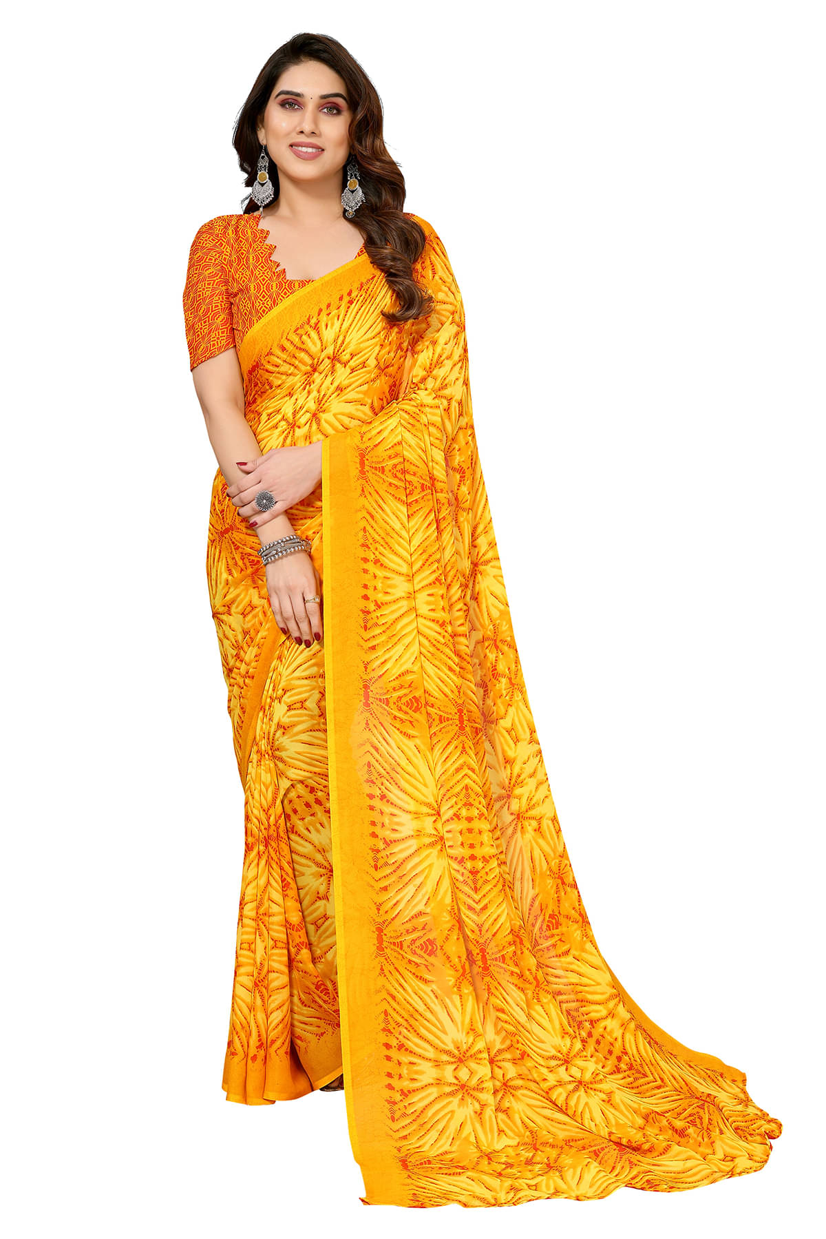     			ANAND SAREES Georgette Printed Ilkal Saree With Unstitched Blouse Piece ( Yellow )
