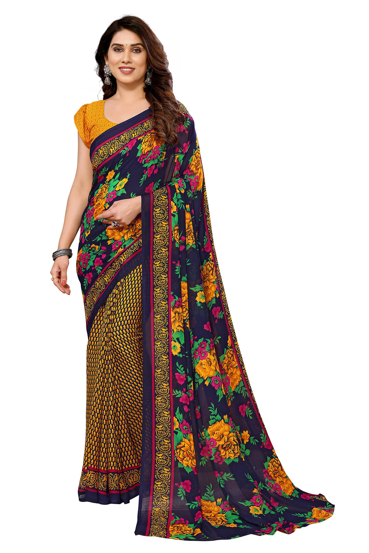 ANAND SAREES Georgette Printed Ilkal Saree With Unstitched Blouse Piece ( Gold ) ANAND SAREES Georgette Printed Ilkal Saree With Unstitched Blouse Piece ( Gold )