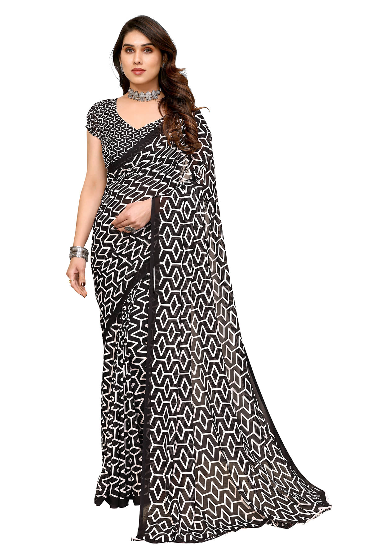     			ANAND SAREES Georgette Printed Ilkal Saree With Unstitched Blouse Piece ( Black )