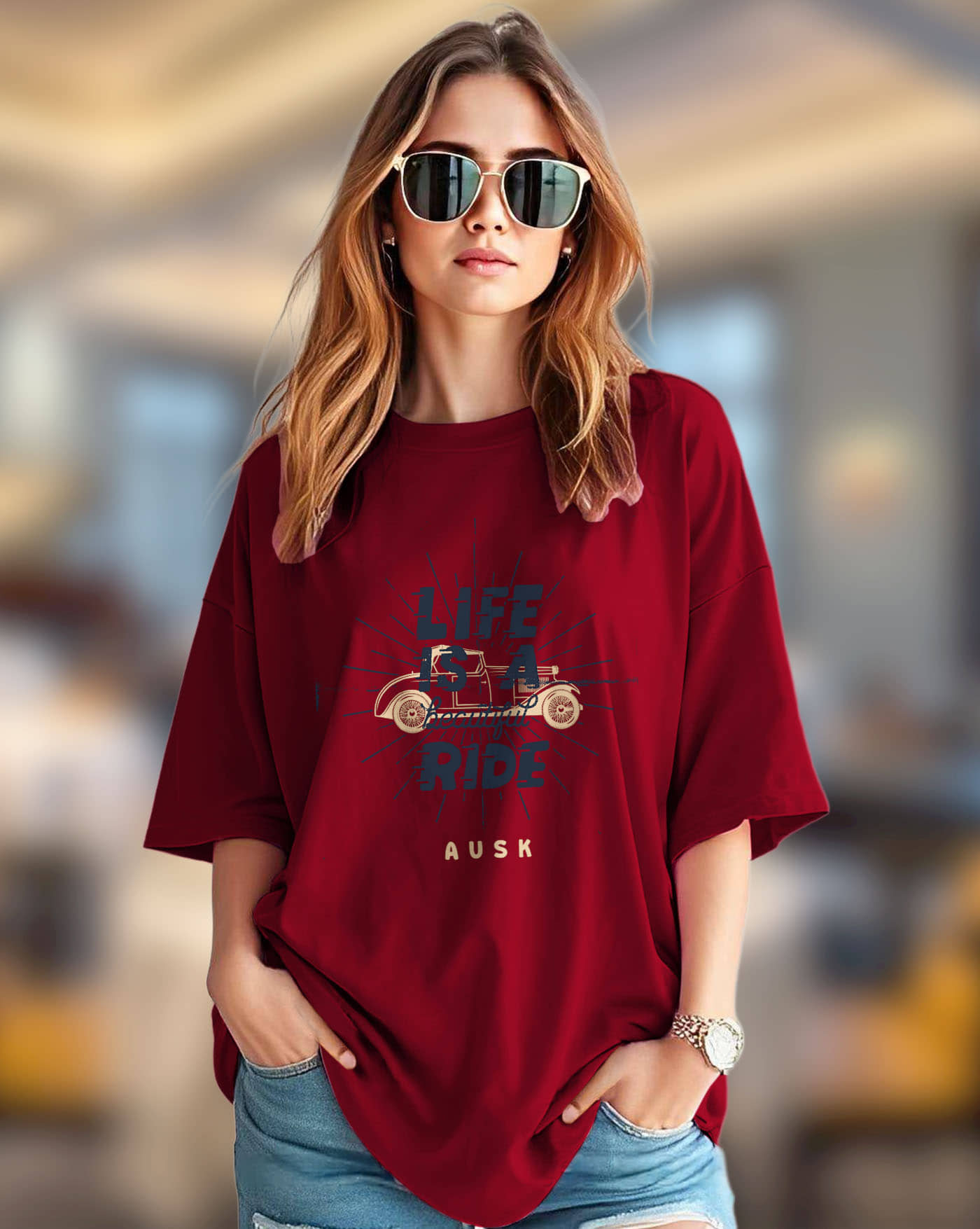 AUSK Women Cotton Blend Printed Oversized Fit Round Neck T-Shirt ( Maroon )