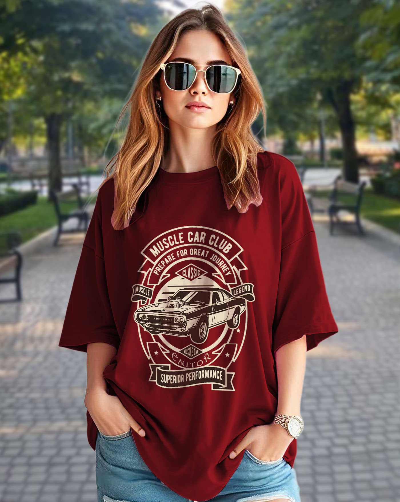 AUSK Women Cotton Blend Printed Oversized Fit Round Neck T-Shirt ( Maroon )