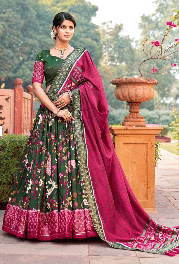     			CYNOR Green Tussar Silk Unstitched Semi Stitched Lehenga Single