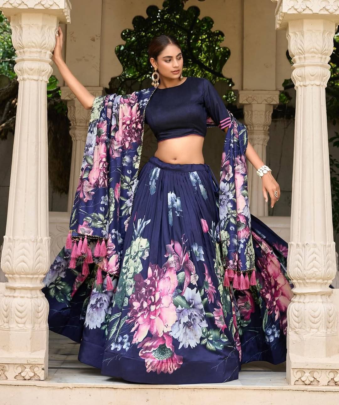CYNOR Navy Tussar Silk Chaniya Choli Semi Stitched Lehenga Single CYNOR Navy Tussar Silk Chaniya Choli Semi Stitched Lehenga Single