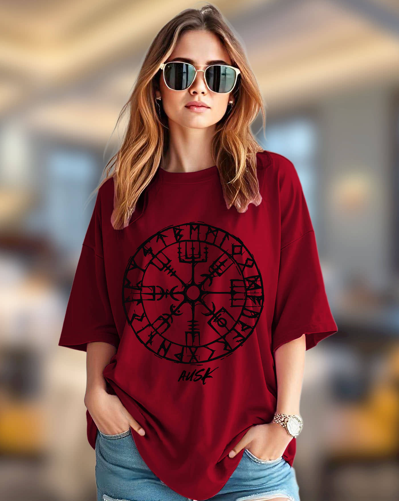 ENITOR Women Cotton Blend Printed Oversized Fit Round Neck T-Shirt ( Maroon )