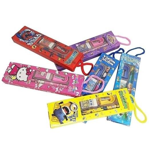 Freedy 12 Pcs_Mix Design Small School Stationery Gift Set-Pencil/Scale/Eraser/Sharpener  (Multicolor)     			Freedy 12 Pcs_Mix Design Small School Stationery Gift Set-Pencil/Scale/Eraser/Sharpener  (Multicolor)