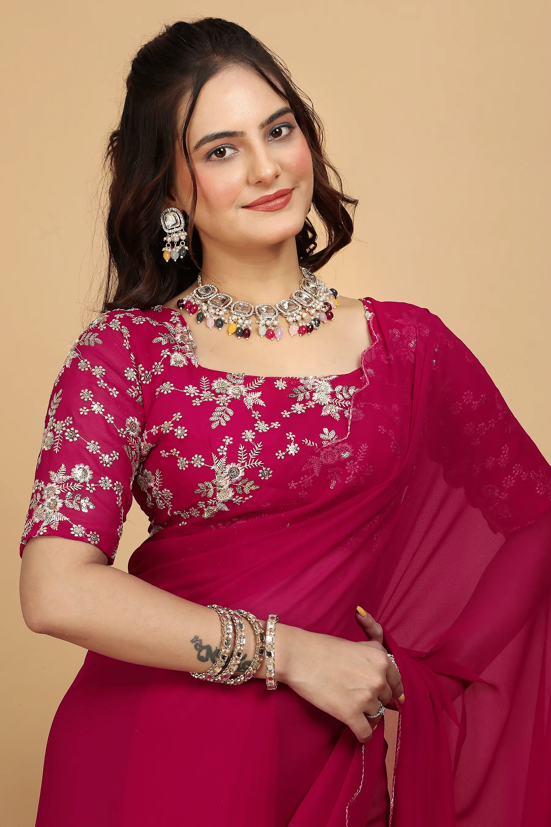 HIFLI Georgette Embroidered Banarasi saree With Unstitched Blouse Piece ( Pink ) HIFLI Georgette Embroidered Banarasi saree With Unstitched Blouse Piece ( Pink )