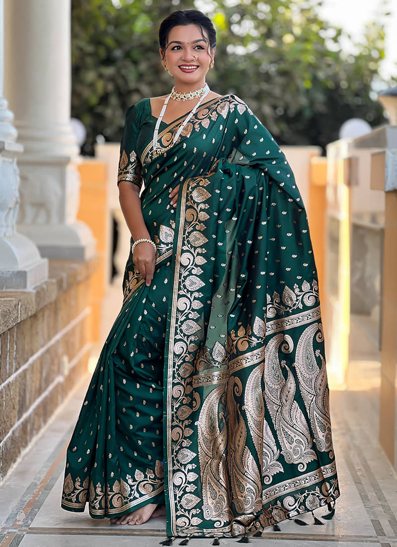KALIPATRA Art Silk Solid Banarasi saree With Unstitched Blouse Piece ( Green ) - Sarees | Buy online on ZillyBuy