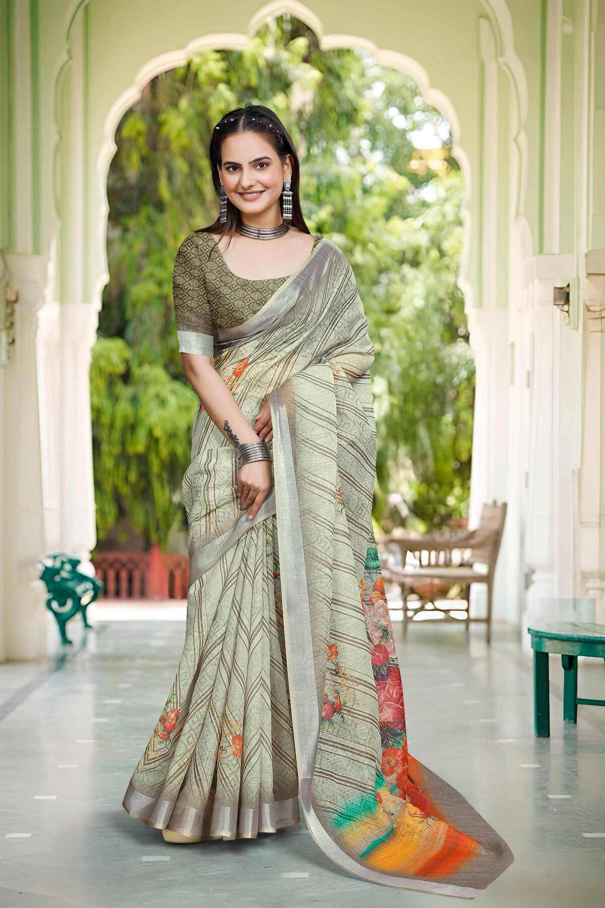 Pheasant Linen Printed Jamdani Saree With Unstitched Blouse Piece ( Light Green ) Pheasant Linen Printed Jamdani Saree With Unstitched Blouse Piece ( Light Green )