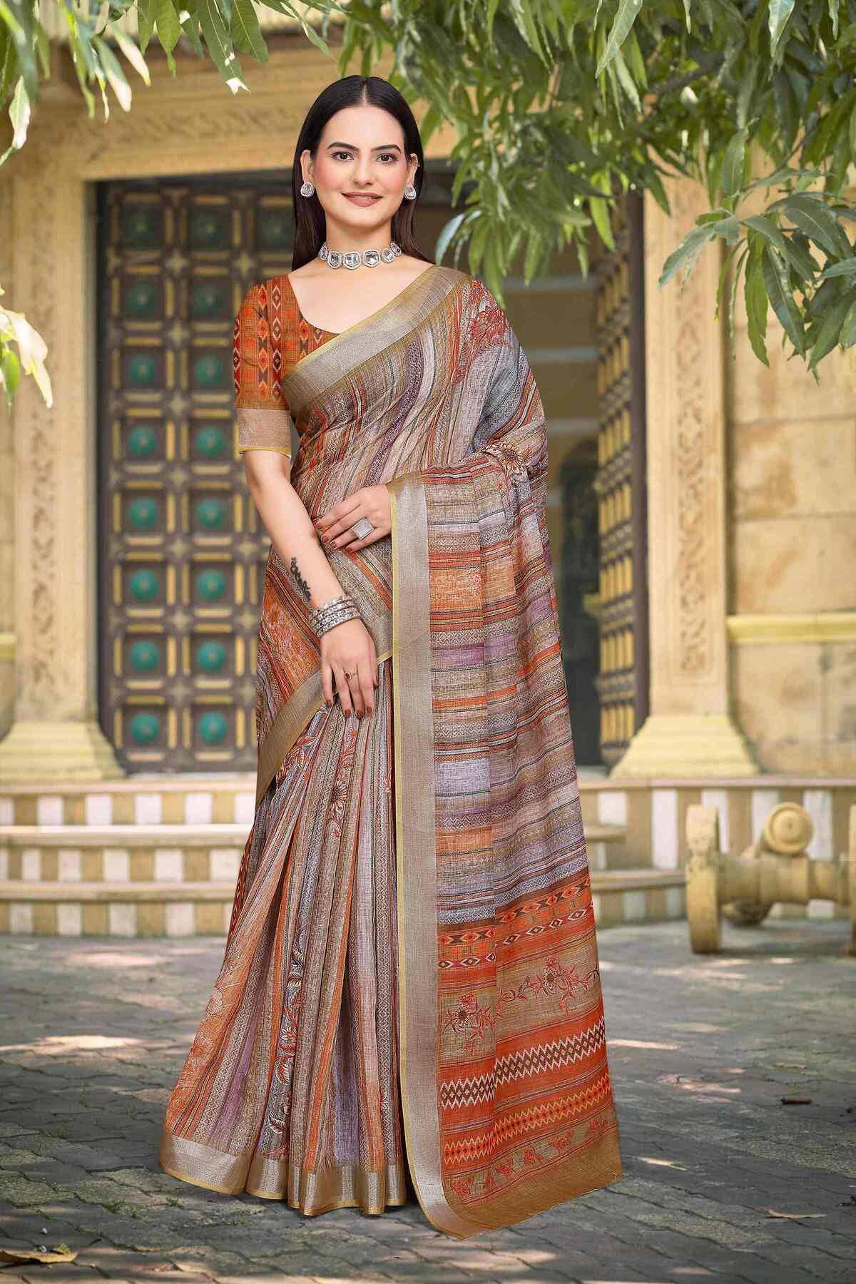     			Pheasant Linen Printed Jamdani Saree With Unstitched Blouse Piece ( Grey )