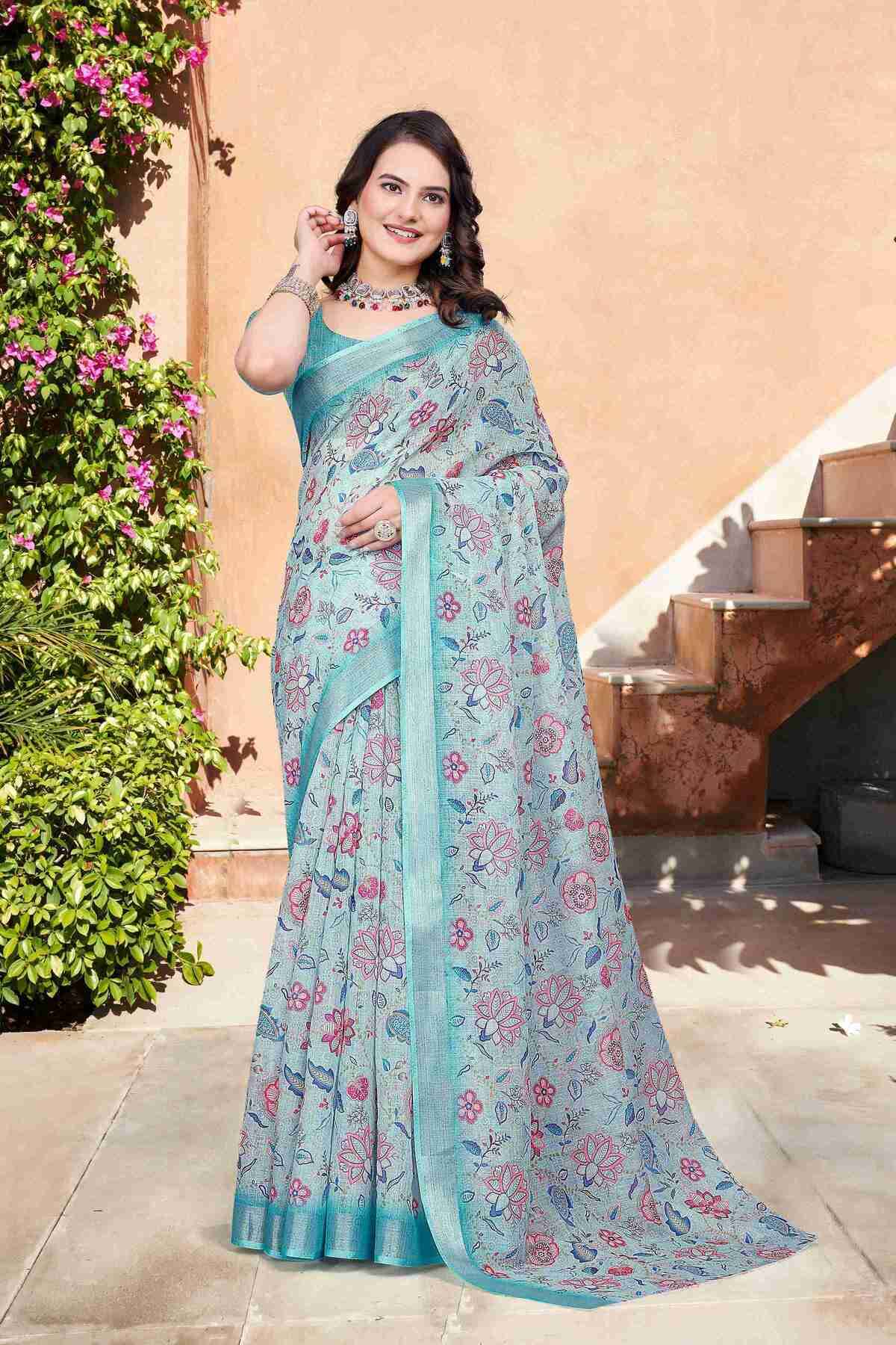     			Pheasant Linen Printed Jamdani Saree With Unstitched Blouse Piece ( Grey )
