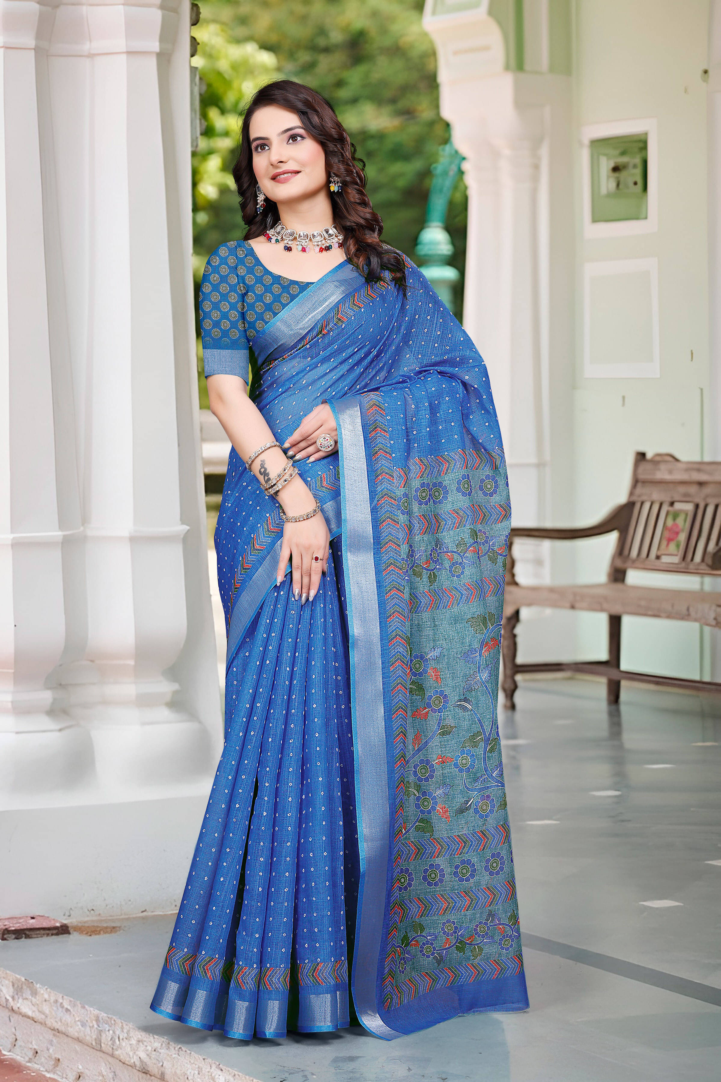     			Pheasant Linen Printed Jamdani Saree With Unstitched Blouse Piece ( Blue )