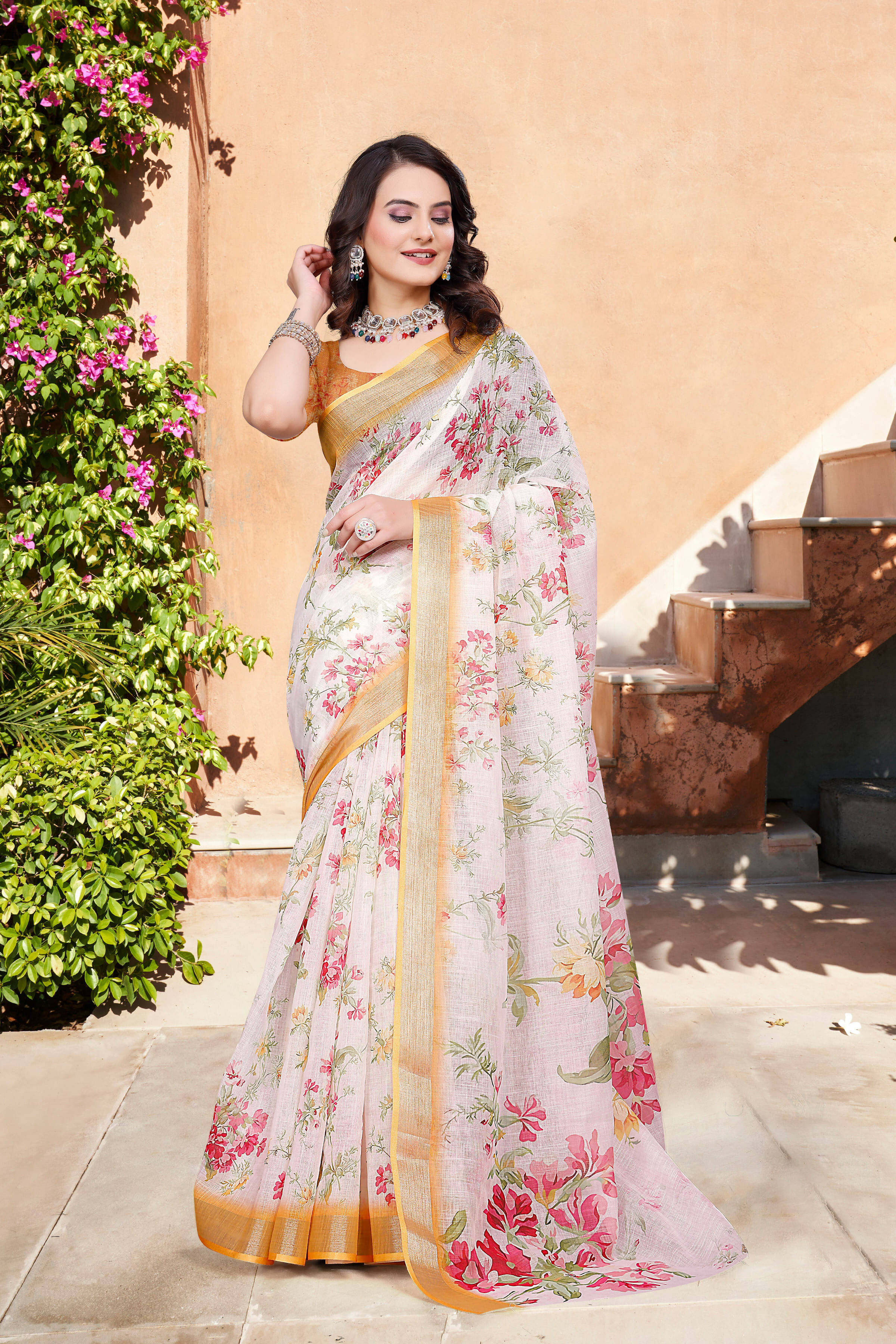     			Pheasant Linen Printed Jamdani Saree With Unstitched Blouse Piece ( Cream )