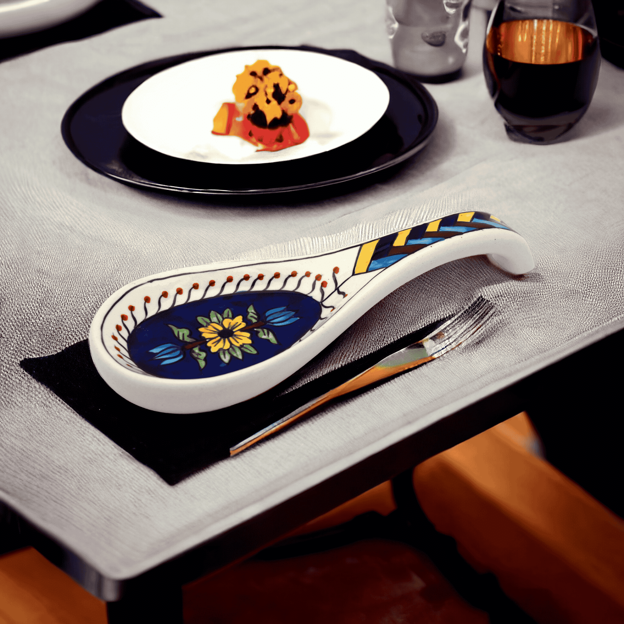     			RAFOLEEN Spoon Rest Ceramic Printed Cutlery Holder Dark Blue ( Pack of 1 )