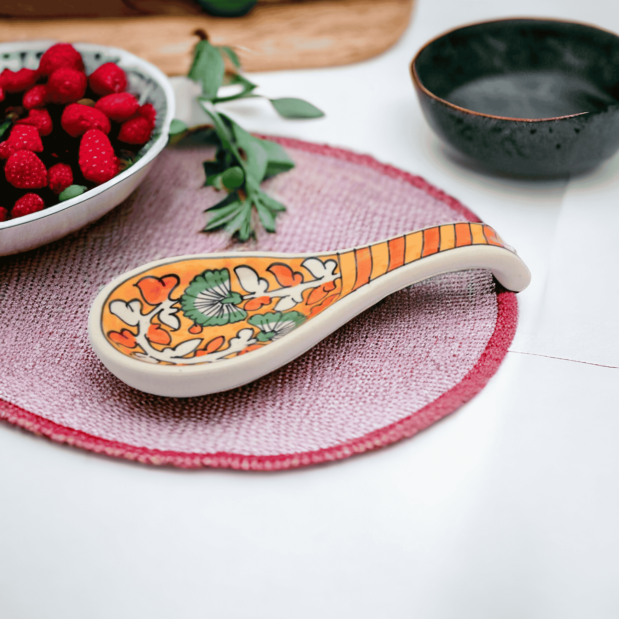     			RAFOLEEN Spoon Rest Ceramic Printed Cutlery Holder Orange ( Pack of 1 )