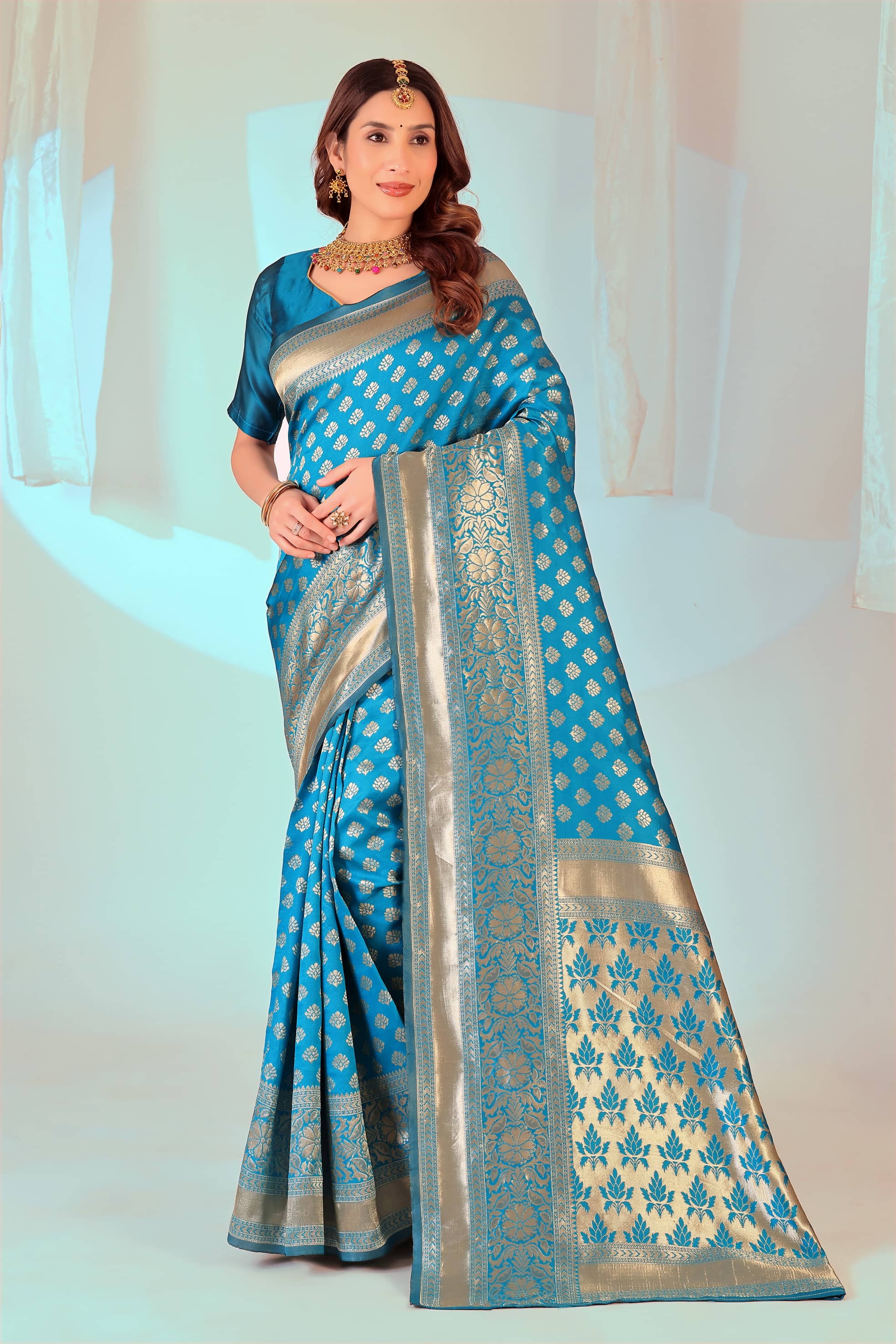 Saadhvi Art Silk Woven Banarasi saree With Unstitched Blouse Piece ( Sky Blue ) - Sarees | Buy online on ZillyBuy