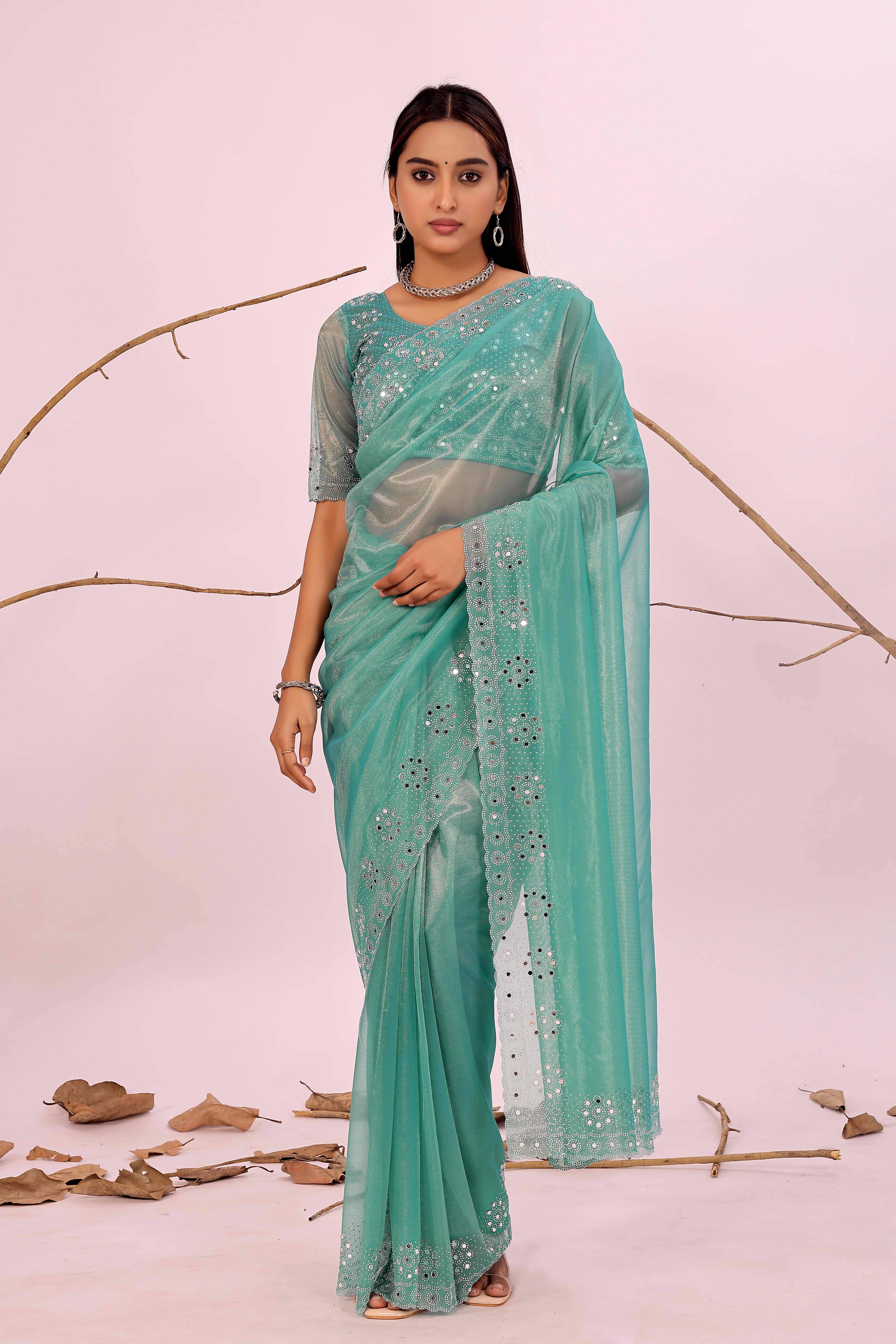 Saadhvi Organza Woven Banarasi saree With Unstitched Blouse Piece ( Rama ) Saadhvi Organza Woven Banarasi saree With Unstitched Blouse Piece ( Rama )