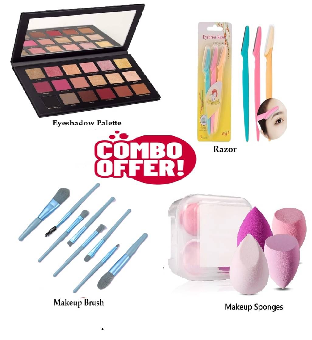 Trendy Full Makeup Combo of 4 (18 Color Eyeshadow Palette ,8 Blue Makeup Brush, Tinkle Razor 3, 4 Spong Box) for Women/Girls Trendy Full Makeup Combo of 4 (18 Color Eyeshadow Palette ,8 Blue Makeup Brush, Tinkle Razor 3, 4 Spong Box) for Women/Girls