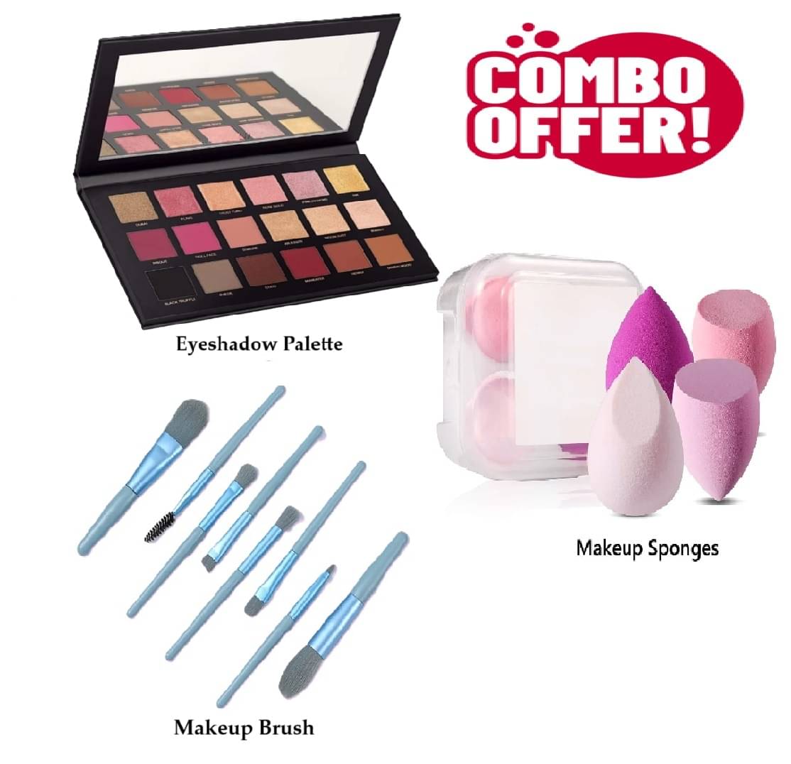    			Trendy Full Makeup Combo of 3( 18 Color Eyeshadoe Palette, 8 Blue Makeup Brush, 4 Spong Box) for Women/Girls