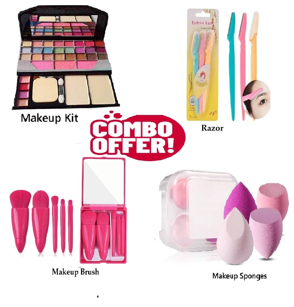 Trendy Full Makeup Combo of 4 (Makeup Kit ,5 Pink Brush with Mirror,Tinkle Razor 3, 4 spong Box) for Women/Girls Trendy Full Makeup Combo of 4 (Makeup Kit ,5 Pink Brush with Mirror,Tinkle Razor 3, 4 spong Box) for Women/Girls