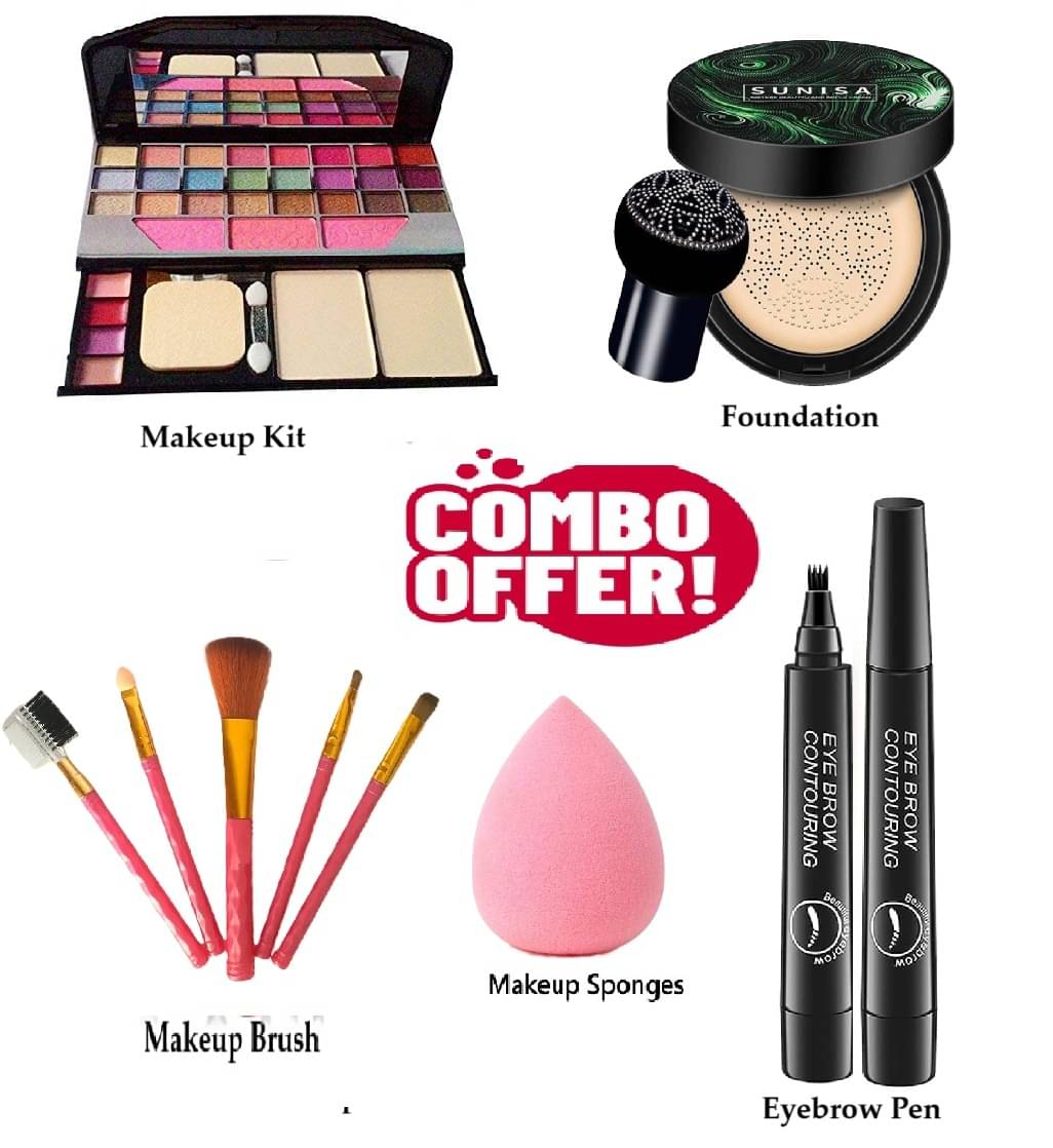 Trendy Full Makeup Combo of 5 ( Makeup Kit, 5 Dark Makeup Pink Brush, Eyebrow Contouring Pen, Sunisa Foundation, 1 Egg Design Spong) for Women/Girls Trendy Full Makeup Combo of 5 ( Makeup Kit, 5 Dark Makeup Pink Brush, Eyebrow Contouring Pen, Sunisa Foundation, 1 Egg Design Spong) for Women/Girls