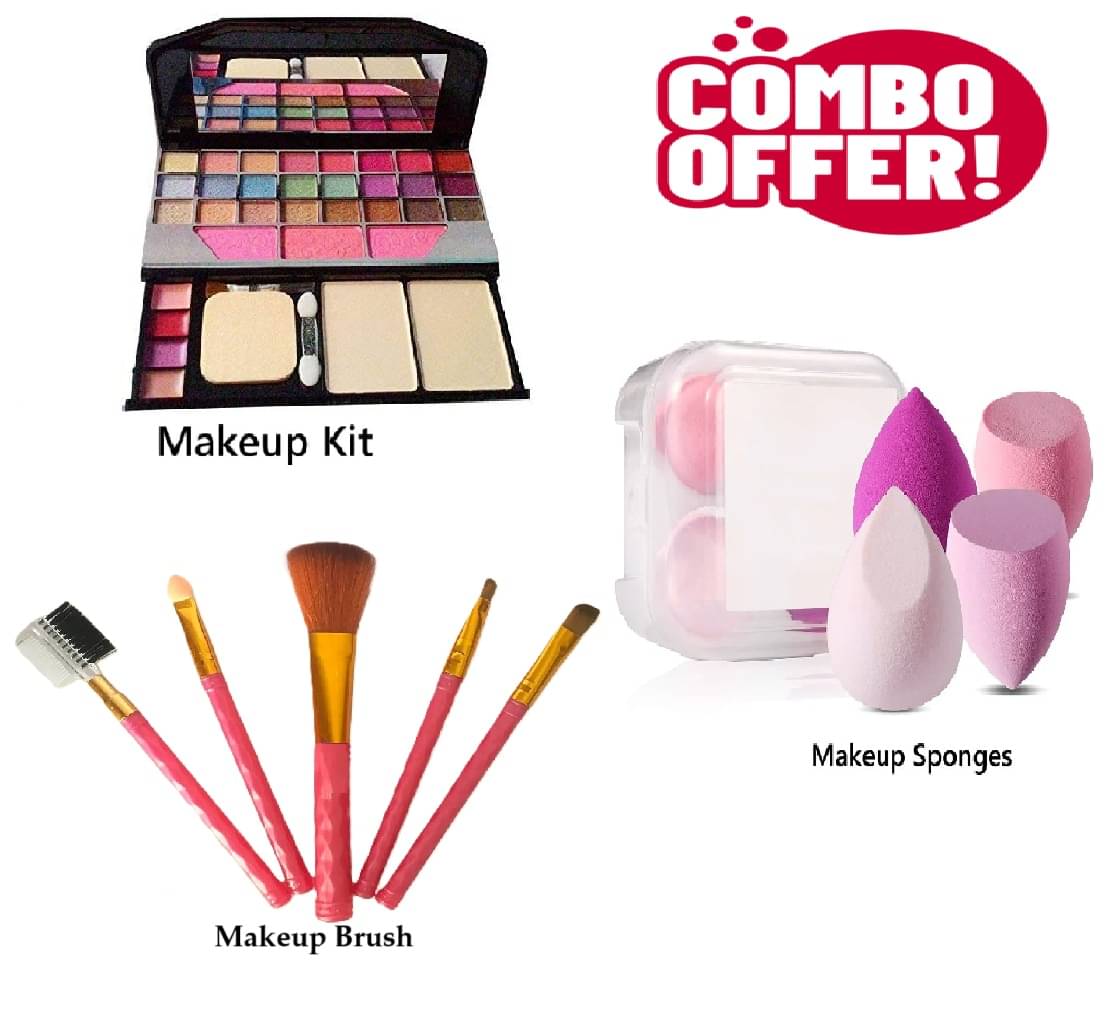 Trendy Full Makeup in Kit Combo of 3 Makeup Kit,5 Dark Pink MaKeUp Brush, 4 Spong in Box For Women/ Girls Trendy Full Makeup in Kit Combo of 3 Makeup Kit,5 Dark Pink MaKeUp Brush, 4 Spong in Box For Women/ Girls