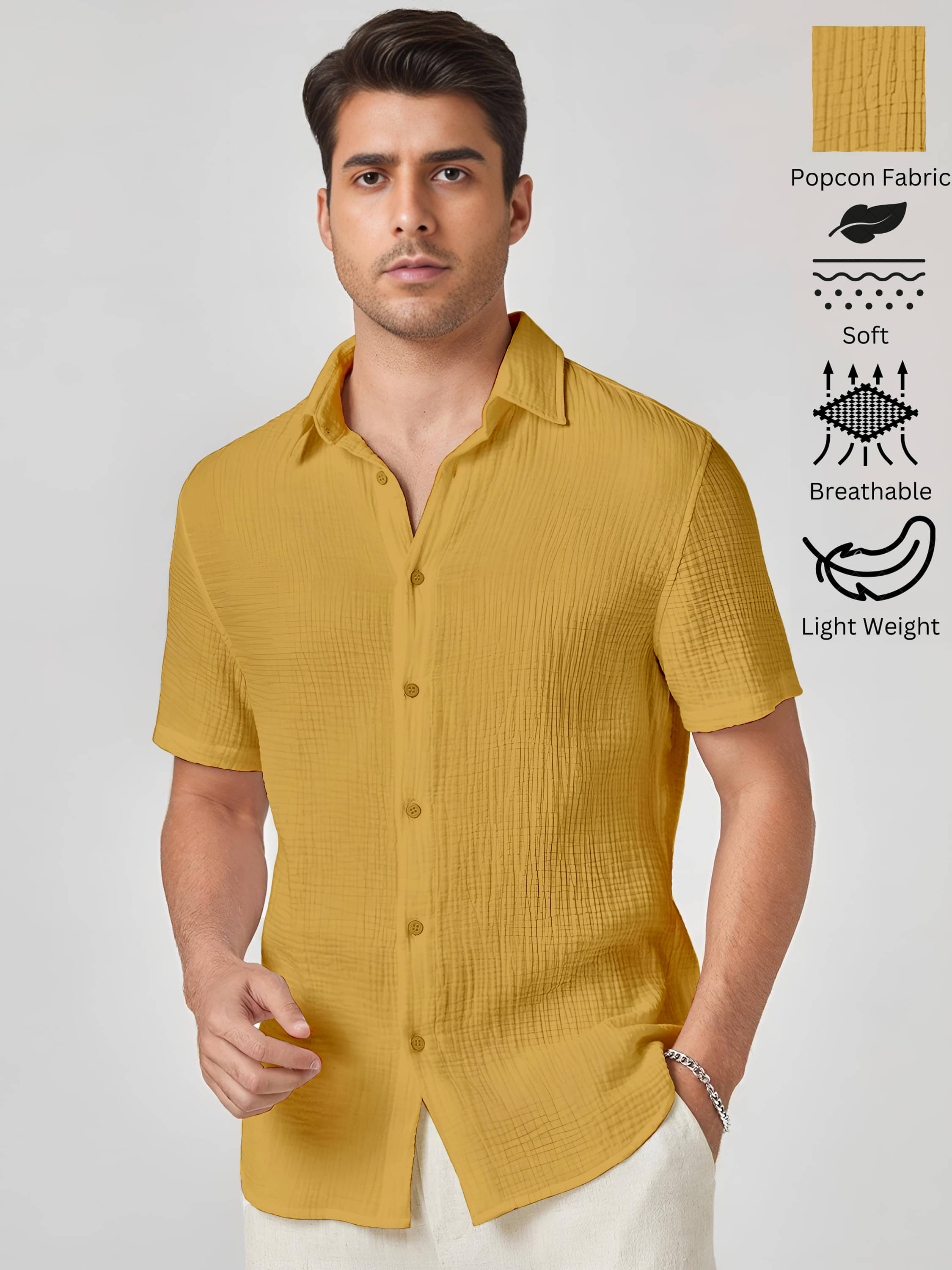 WEBRIC Polyester Regular Fit Popcorn Textured Half Sleeves Men's Casual Shirt - Mustard ( Pack of 1 )     			WEBRIC Polyester Regular Fit Popcorn Textured Half Sleeves Men's Casual Shirt - Mustard ( Pack of 1 )