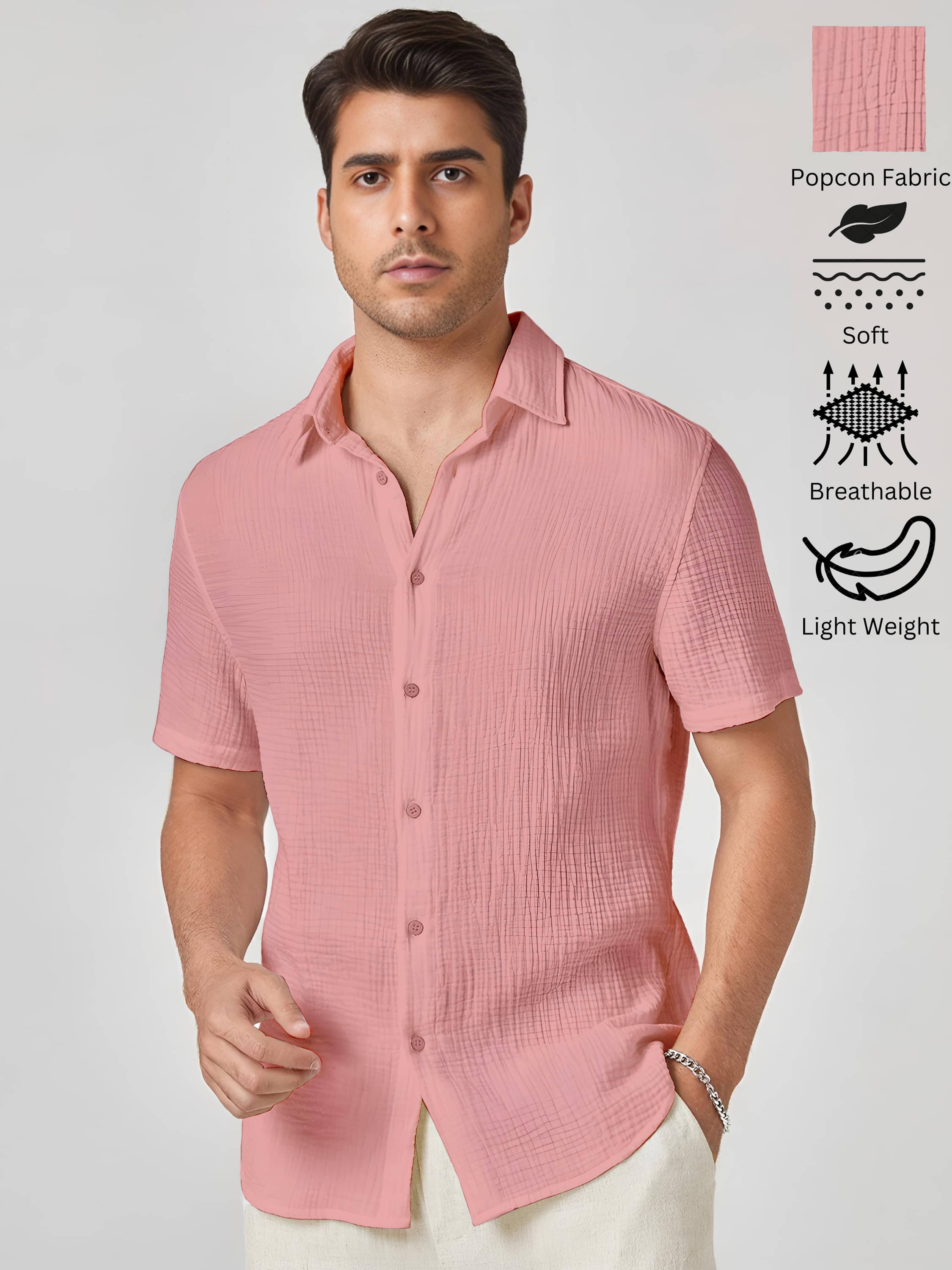     			WEBRIC Polyester Regular Fit Self Design Half Sleeves Men's Casual Shirt - Peach ( Pack of 1 )