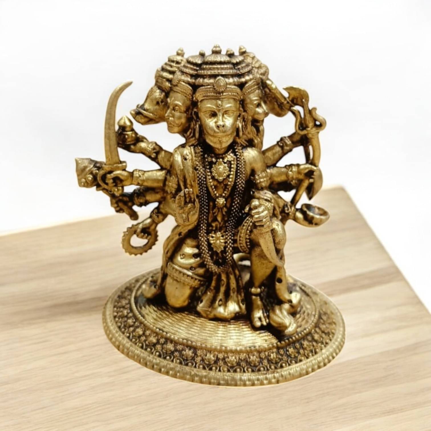     			Wax Casting Brass Panchmukhi Hanumanji God Turquoise Handmade Panchmukhi Balaji Decorative Showpiece - 9 cm (Brass, Gold)