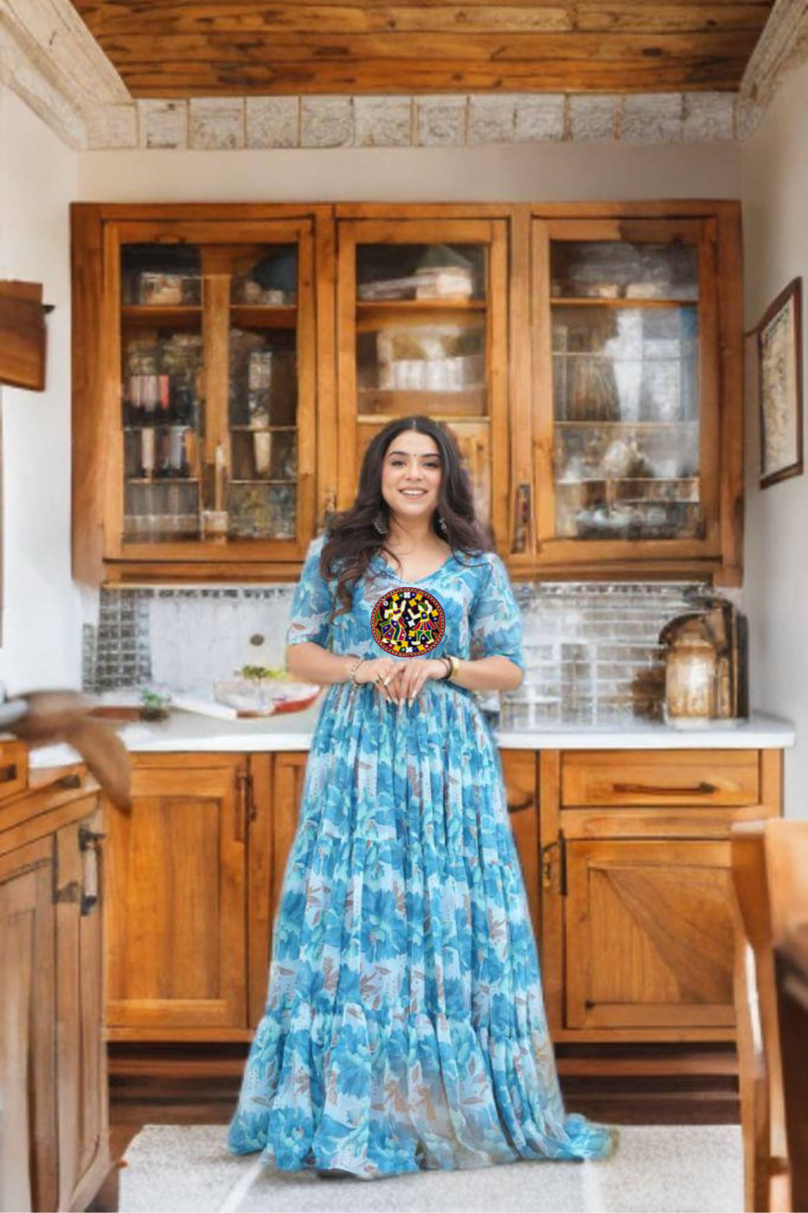     			aplix Women Georgette Flared Stitched Ethnic Gown ( Light Blue )