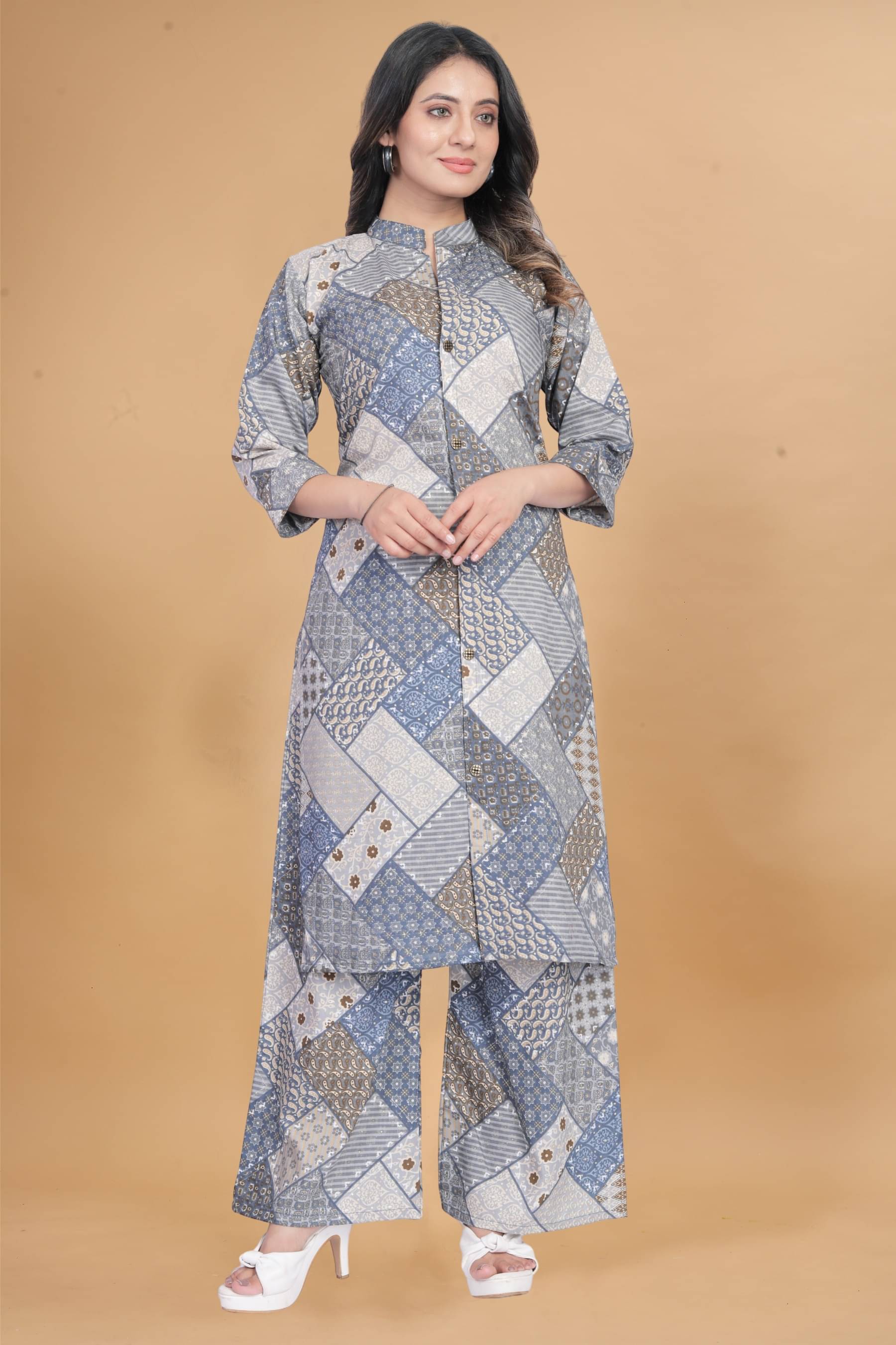 AMBARDIFASHION Women Printed Tunic With Palazzos Co-Ord Set ( Light Blue )     			AMBARDIFASHION Women Printed Tunic With Palazzos Co-Ord Set ( Light Blue )