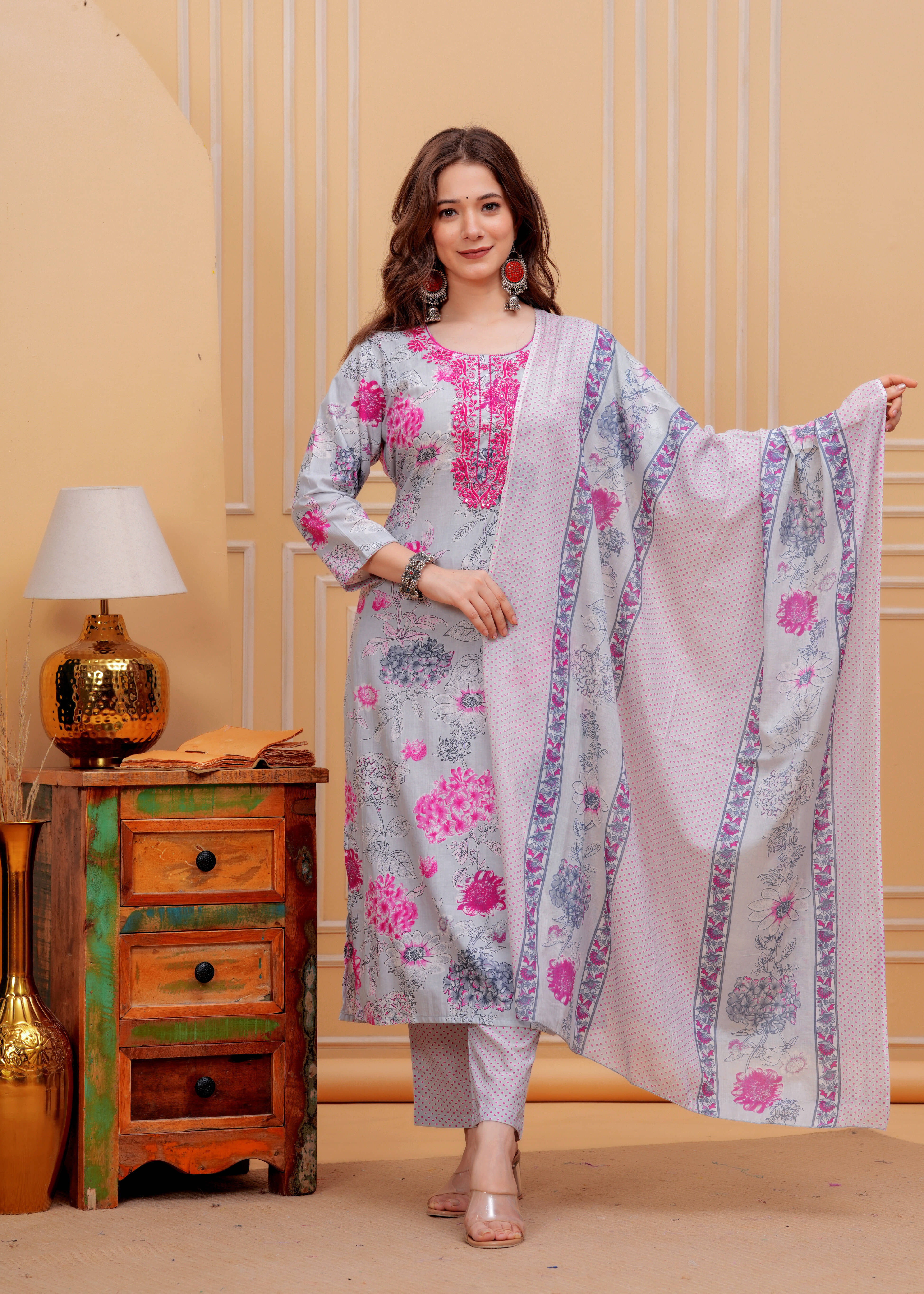 ANNEIV Women Rayon Embroidered Straight Kurti With Pants ( Grey )