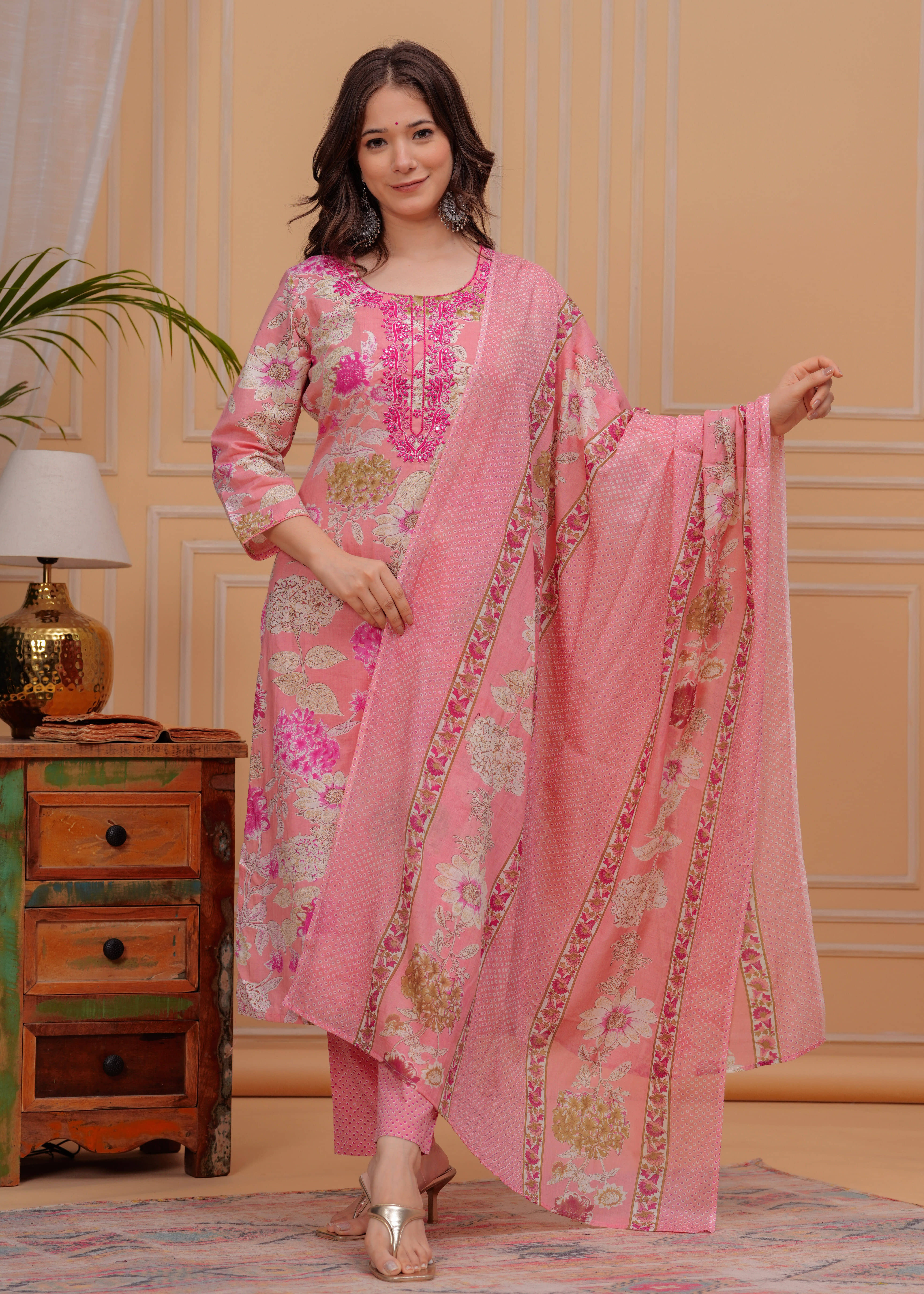 ANNEIV Women Rayon Embroidered Straight Kurti With Pants ( Peach )