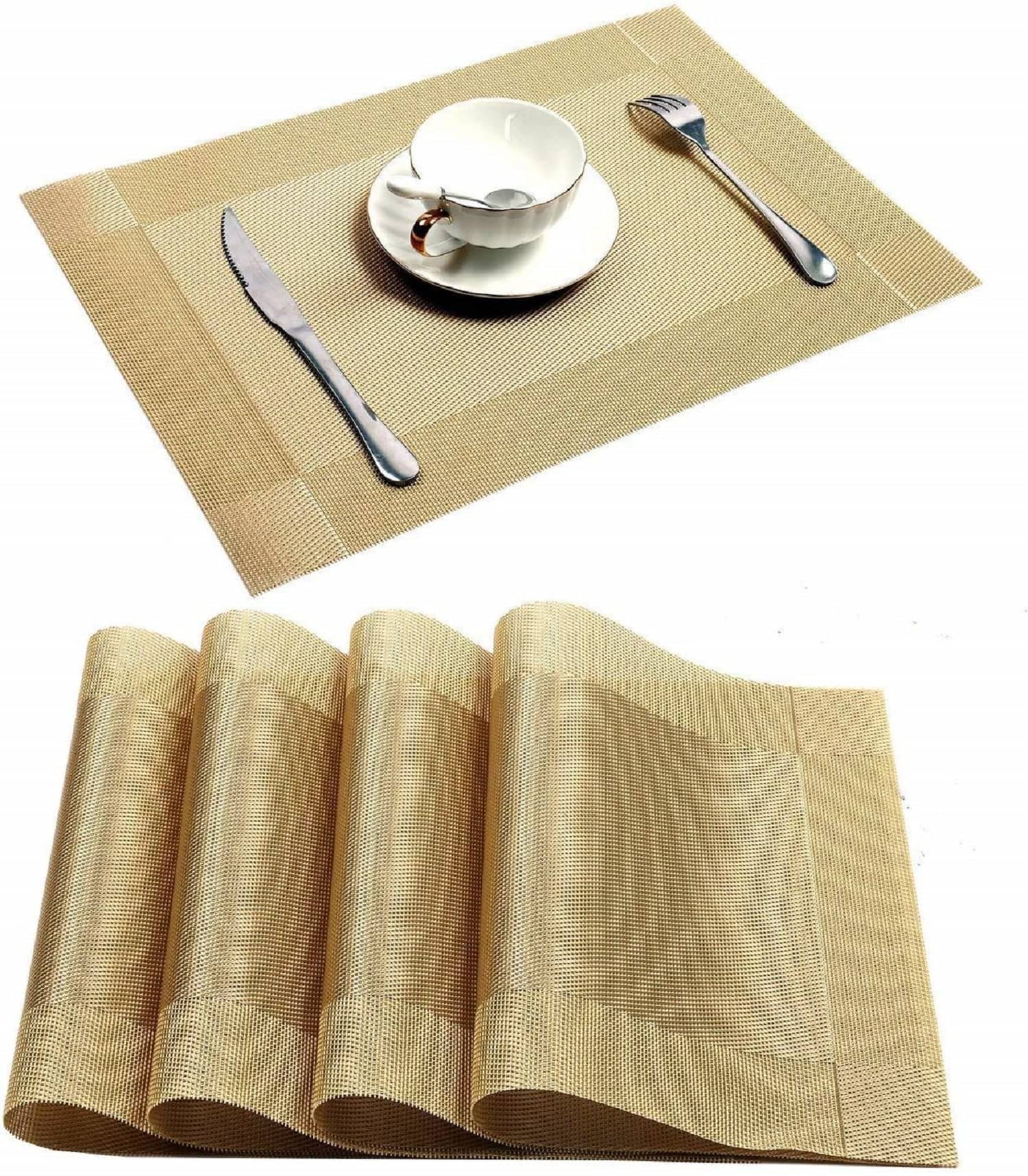    			BECKONMART PVC Solid Square Table Mats ( 45 cm x 30 cm ) Pack of 4 - Gold