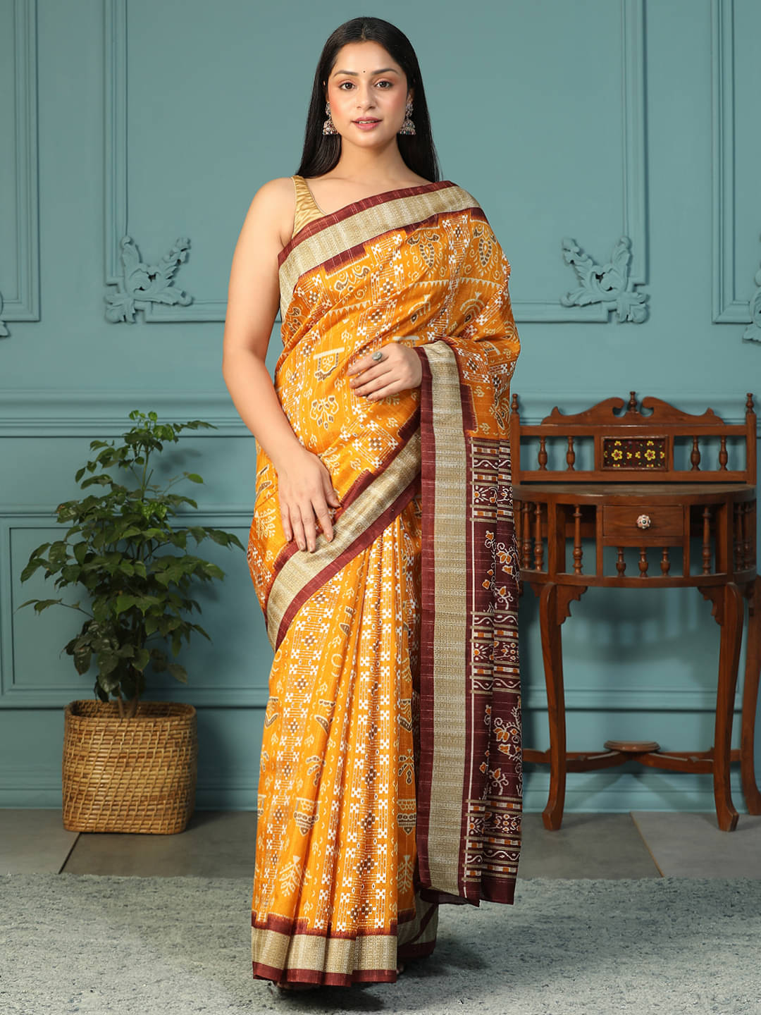     			Baloobi Cotton Blend Printed Banarasi saree With Unstitched Blouse Piece ( Multicolor )