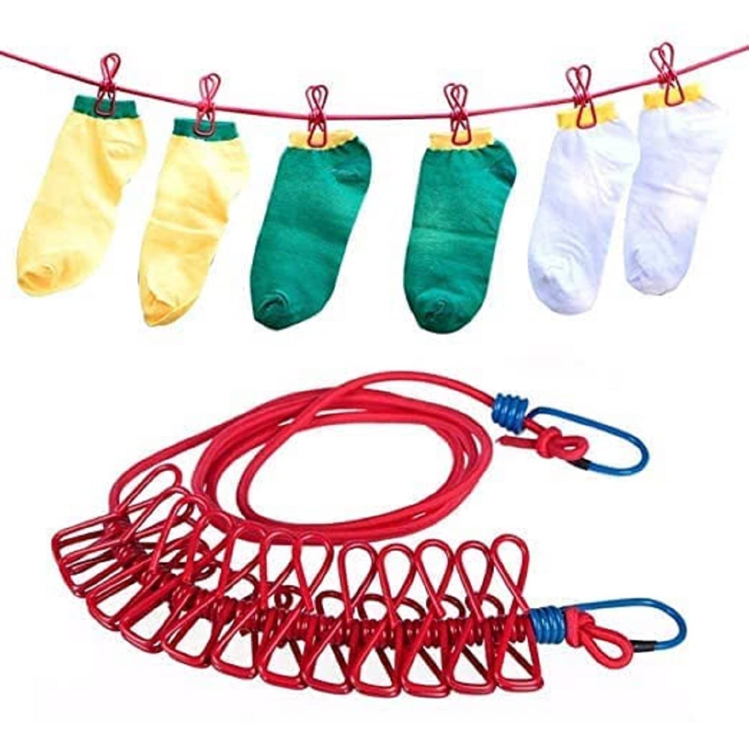     			Cloth Drying Rope with Two Sided Hooks, Elastic 12 Clips Cloth Hanging Rope Non-Slip Clotheslines for Outdoor Indoor Travel Laundry Drying Hanging Clothes
