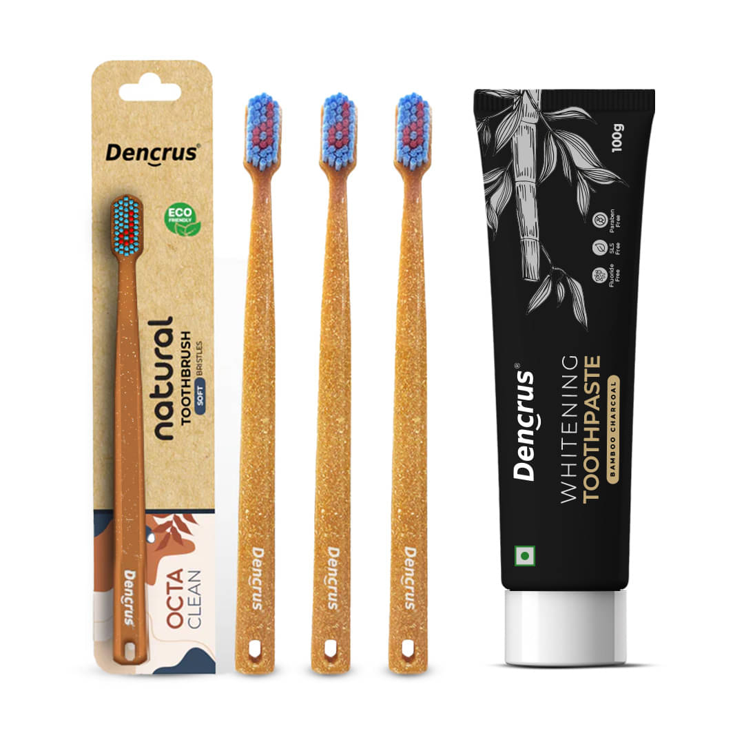     			DENCRUS Charcoal Toothpaste & Octa Clean Bamboo Toothbrush (Pack of 3)