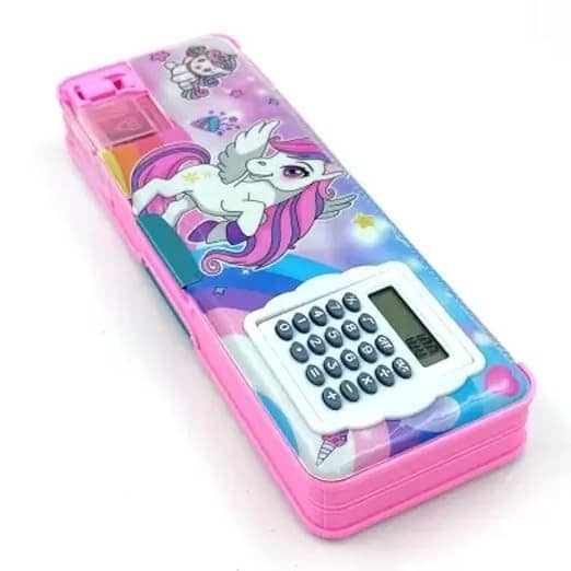 Freedy Unicorn Pencil Box with Calculator, Magnetic Lock, Dual Compartments,Cartoon Stationery Case School Kit for Girls, Kids, Students Combo Set of 5in1 Art Plastic Pencil Box  (Set of 1, Multicolor)