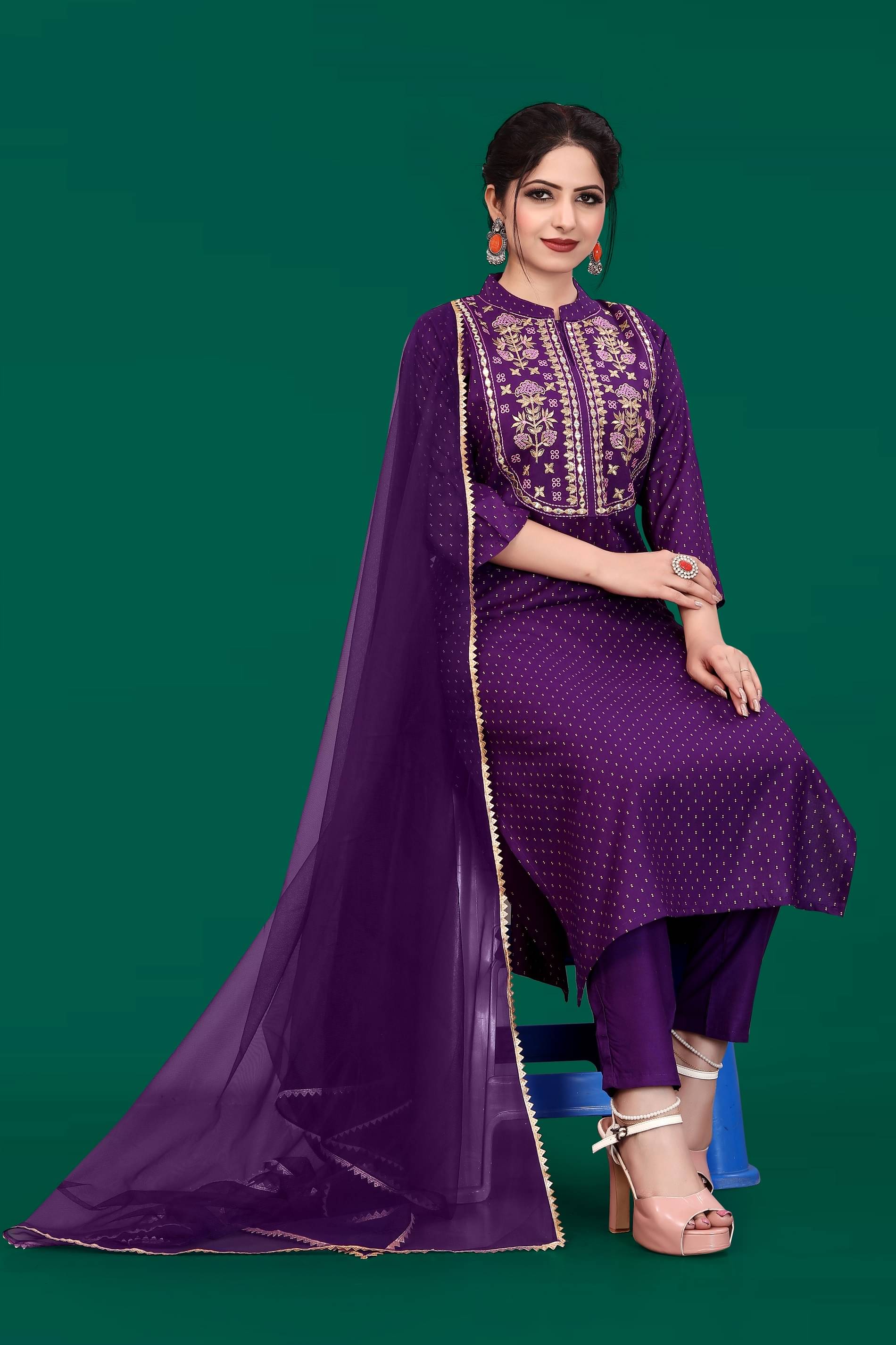 HIFLI Women Rayon Embroidered Straight Kurti With Pants ( Violet ) HIFLI Women Rayon Embroidered Straight Kurti With Pants ( Violet )