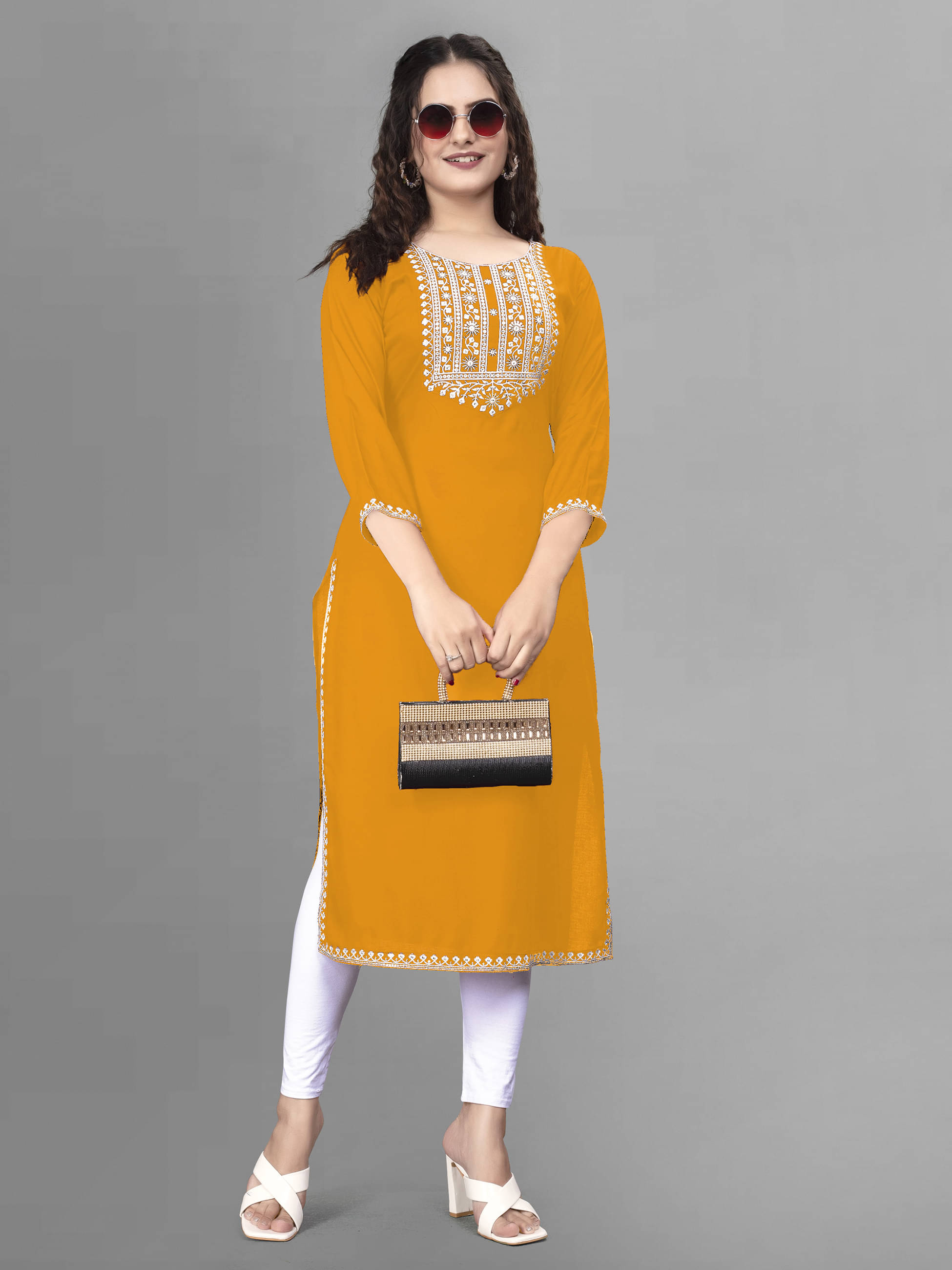 HIFLI Women Rayon Embroidered Straight Kurti ( Mustard ) HIFLI Women Rayon Embroidered Straight Kurti ( Mustard )