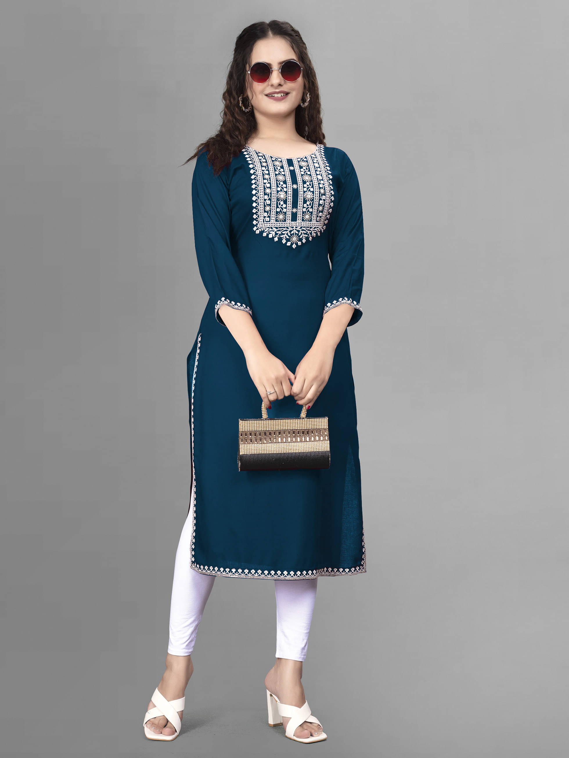     			HIFLI Women Rayon Embroidered Straight Kurti ( Multicolor )