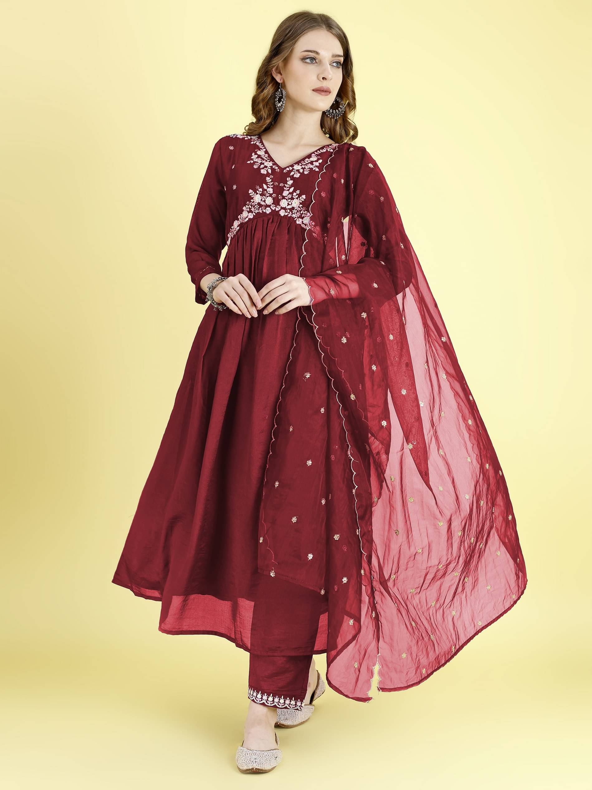     			HIFLI Women Silk Embroidered A-line Kurti With Pants ( Maroon )