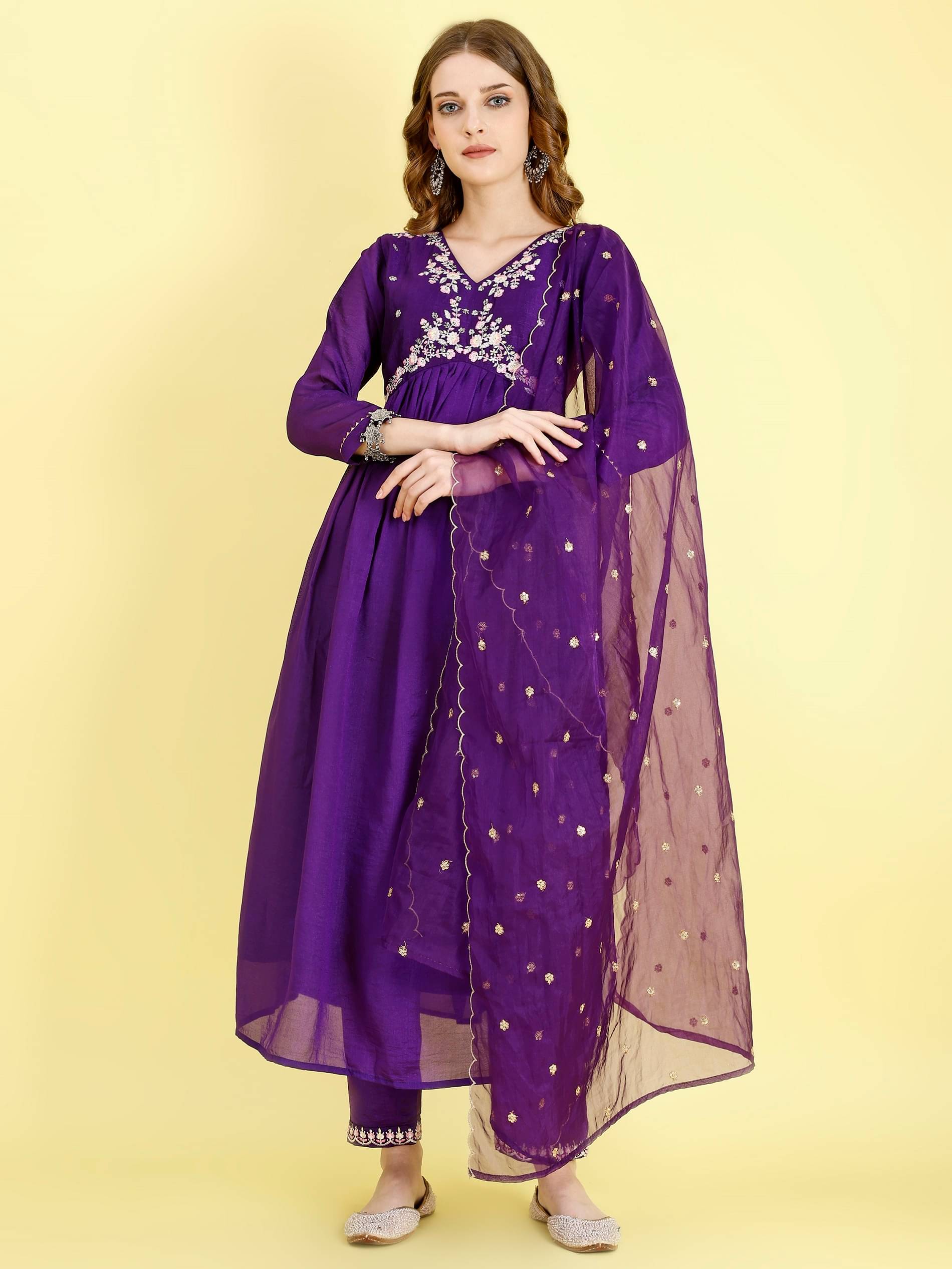HIFLI Women Silk Embroidered A-line Kurti With Pants ( Violet ) HIFLI Women Silk Embroidered A-line Kurti With Pants ( Violet )