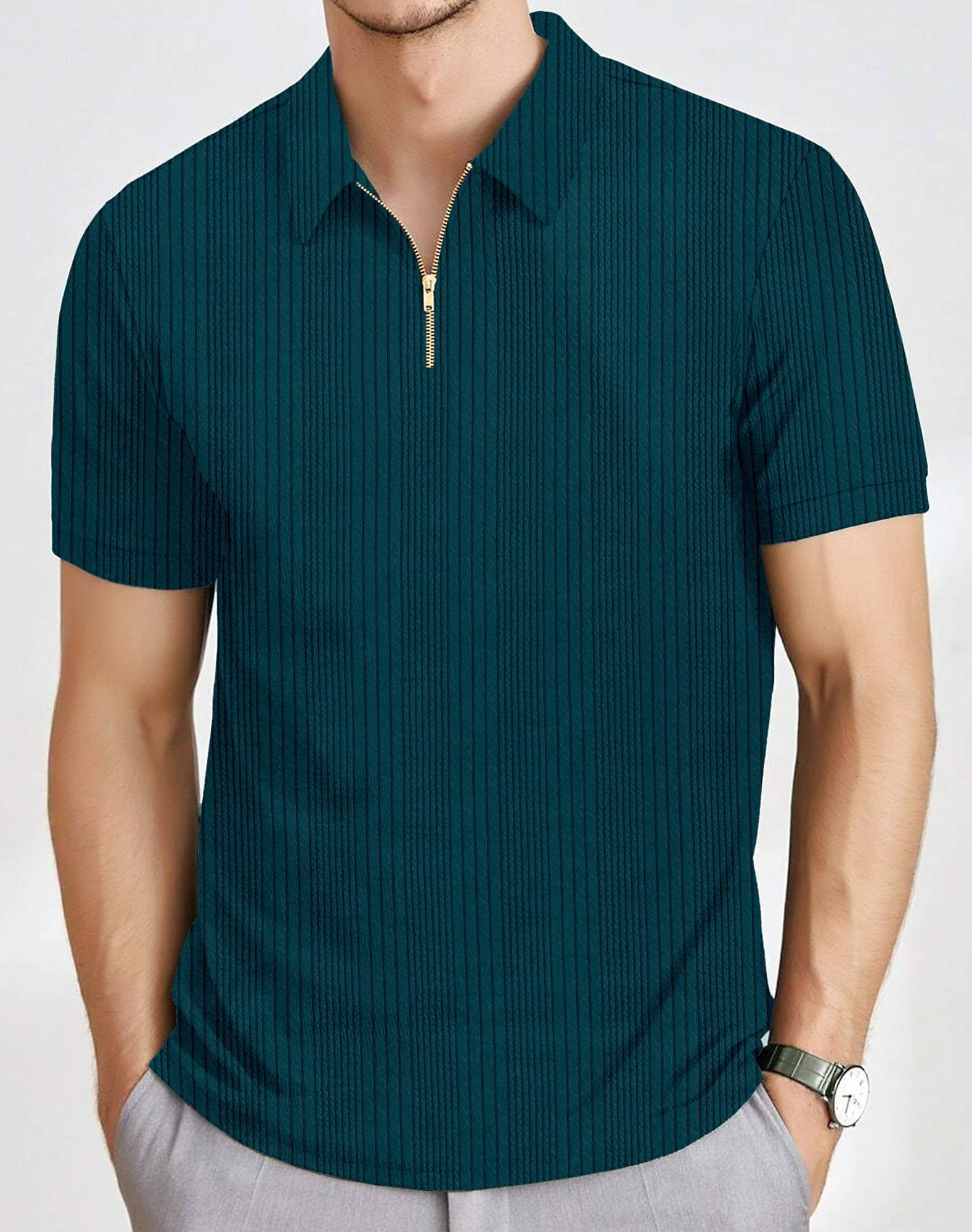     			KAJARU Men Polyester Regular Fit Self Design Polo T Shirt ( Teal Blue )